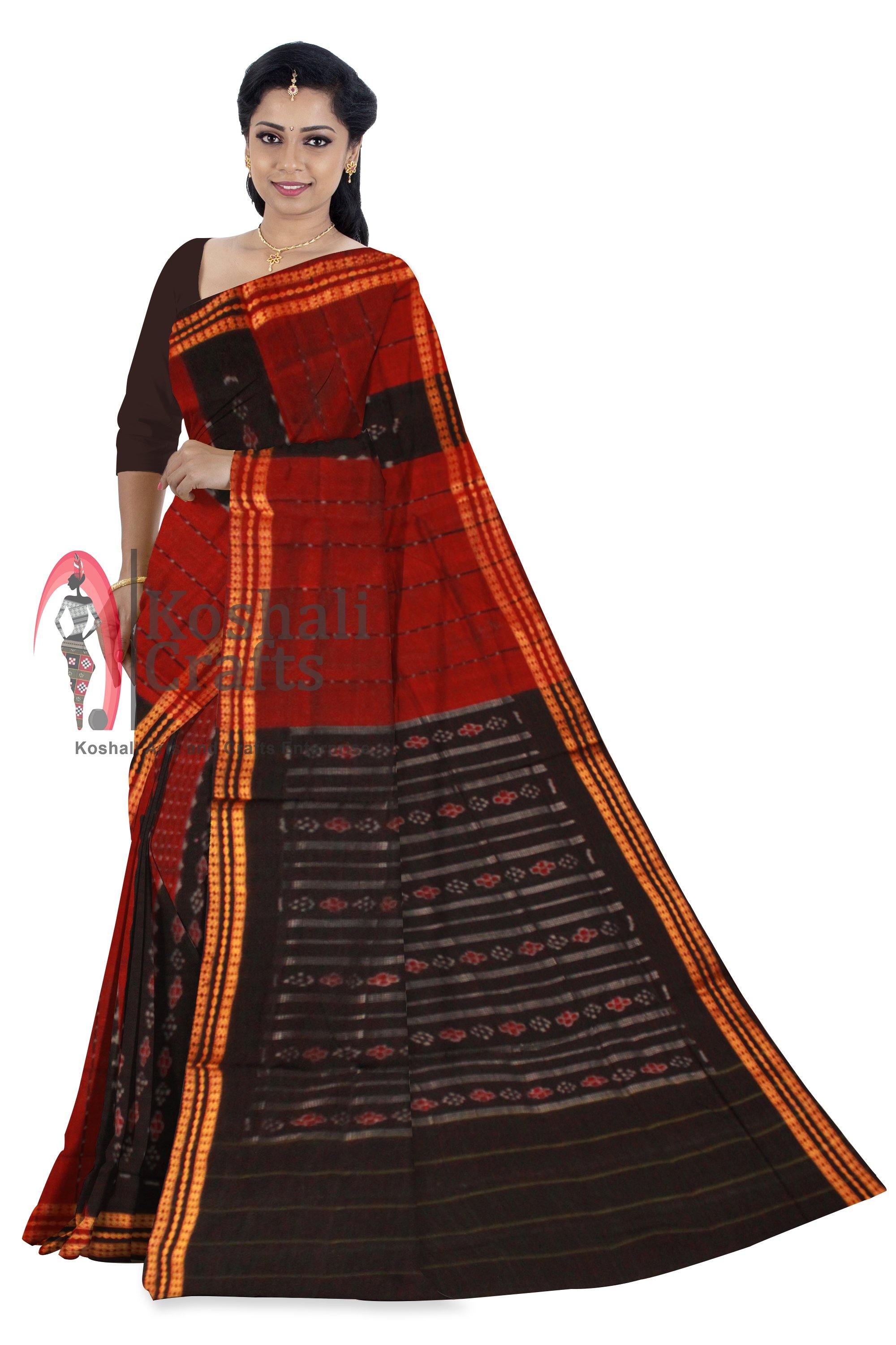 Red color sambalpuri cotton saree, without Blouse piece - Koshali Arts & Crafts Enterprise
