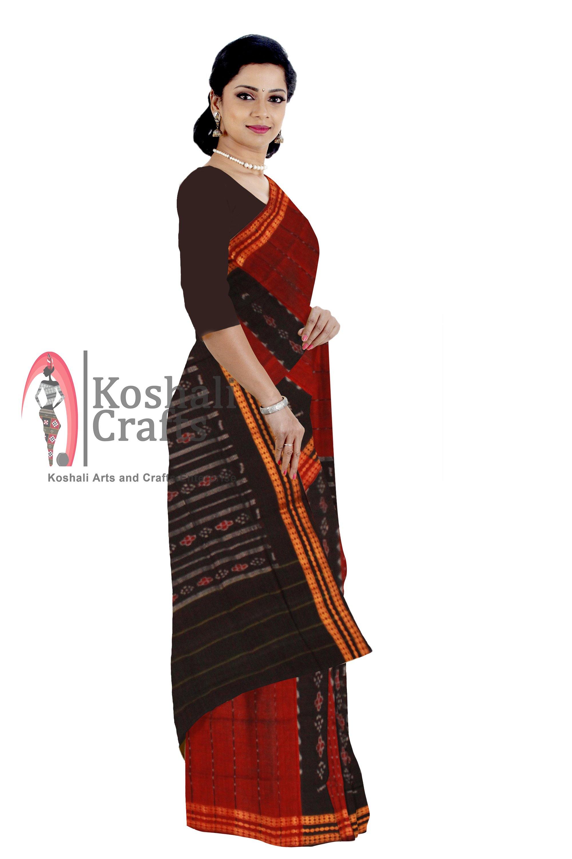 Red color sambalpuri cotton saree, without Blouse piece - Koshali Arts & Crafts Enterprise