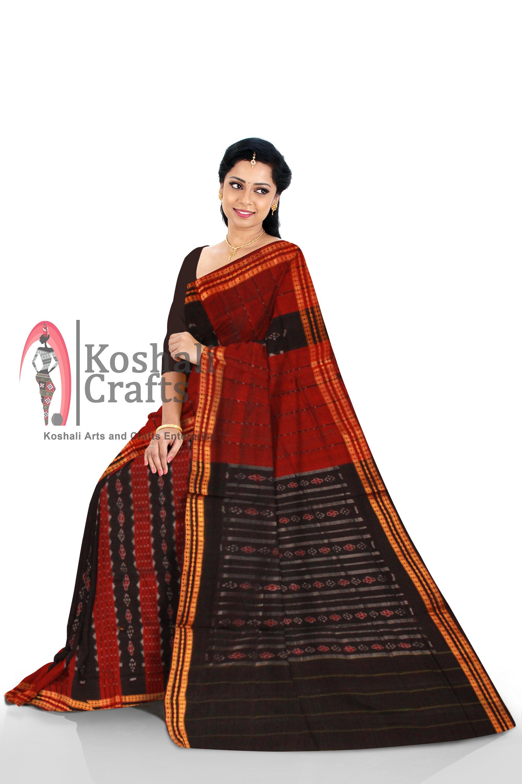 Red color sambalpuri cotton saree, without Blouse piece - Koshali Arts & Crafts Enterprise