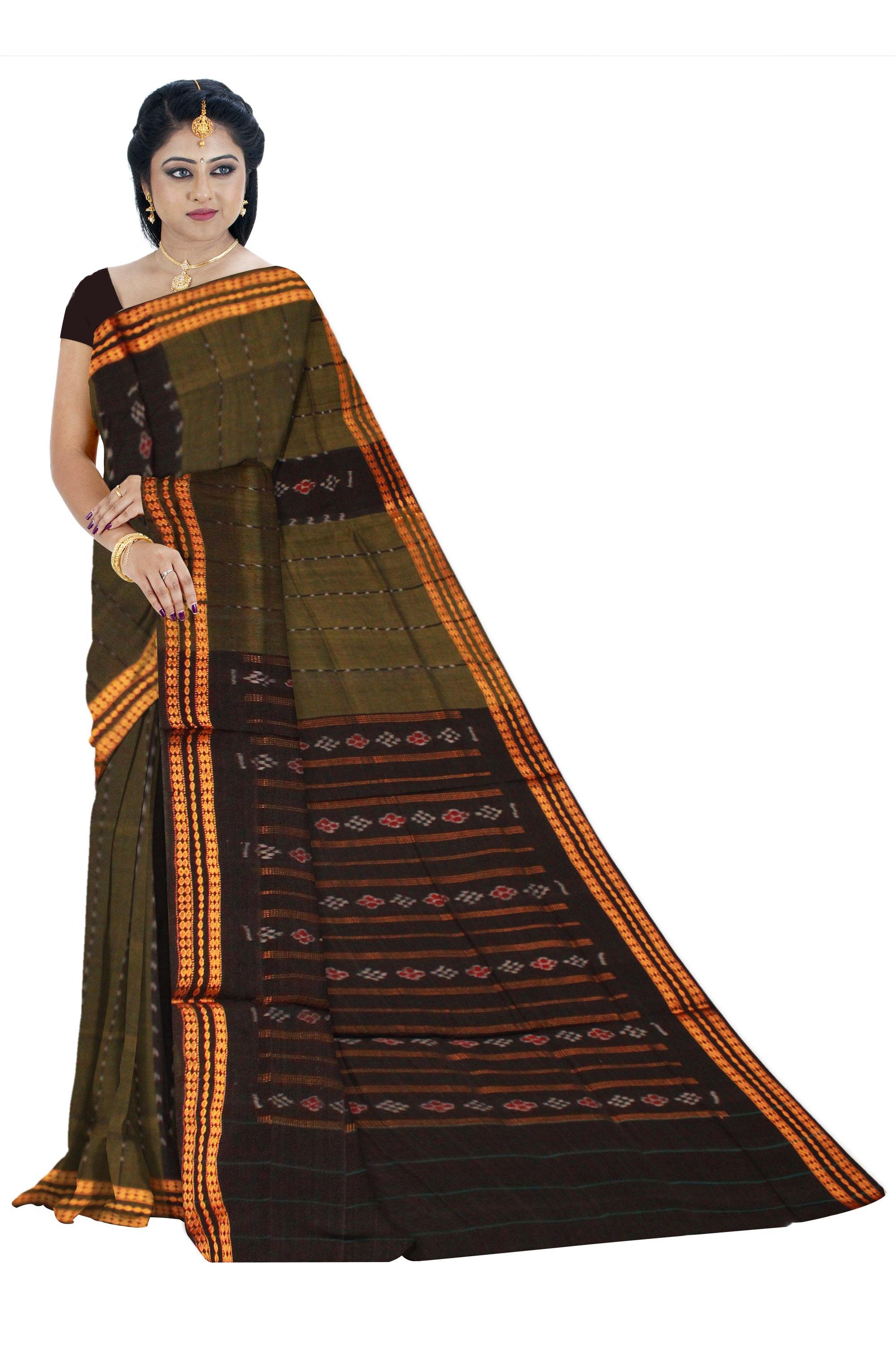 Leaf Green color Sambalpuri cotton saree, without Blouse piece. - Koshali Arts & Crafts Enterprise