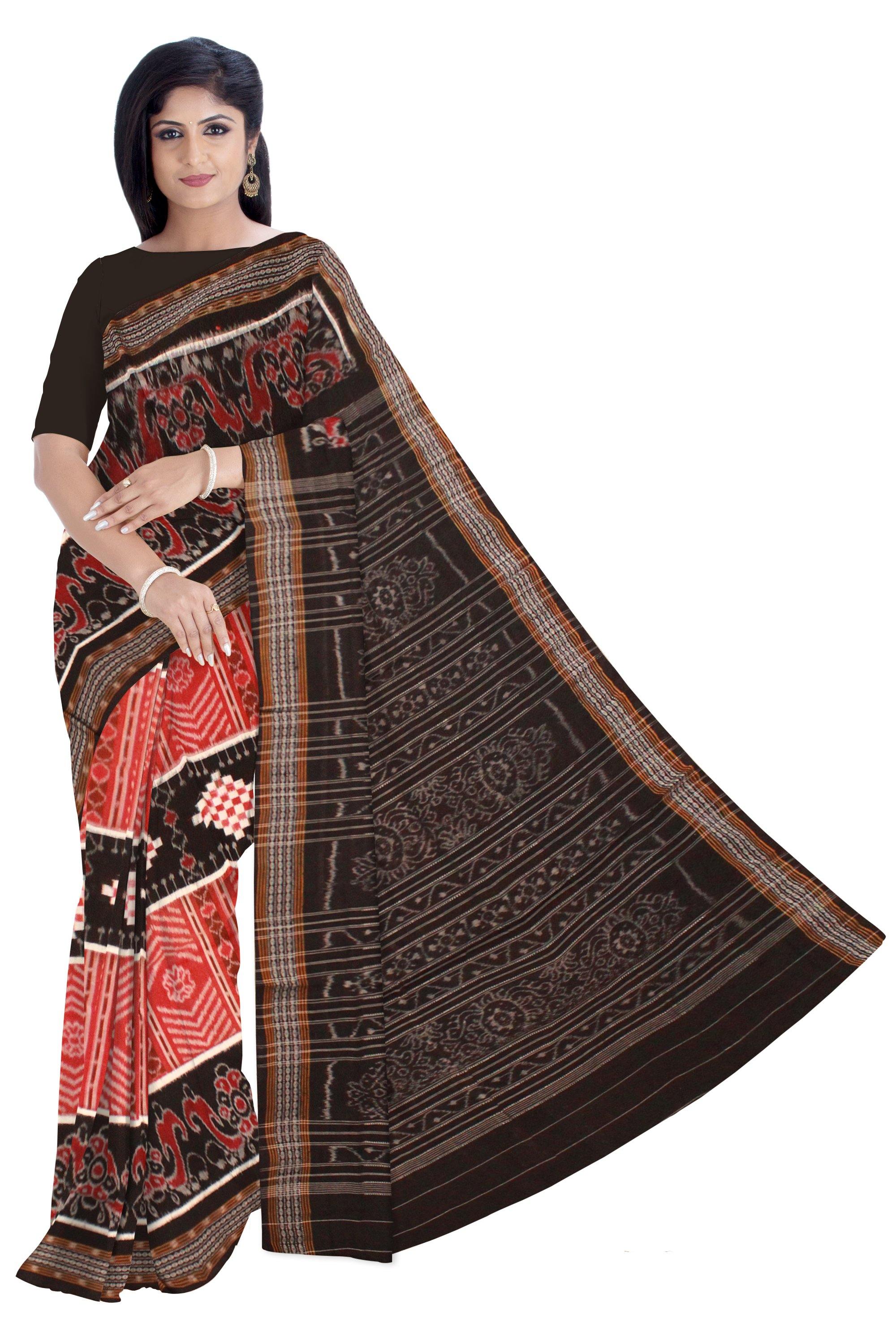 Sambalpuri cotton pasapali saree in Maroon and Black color. Without blouse piece - Koshali Arts & Crafts Enterprise