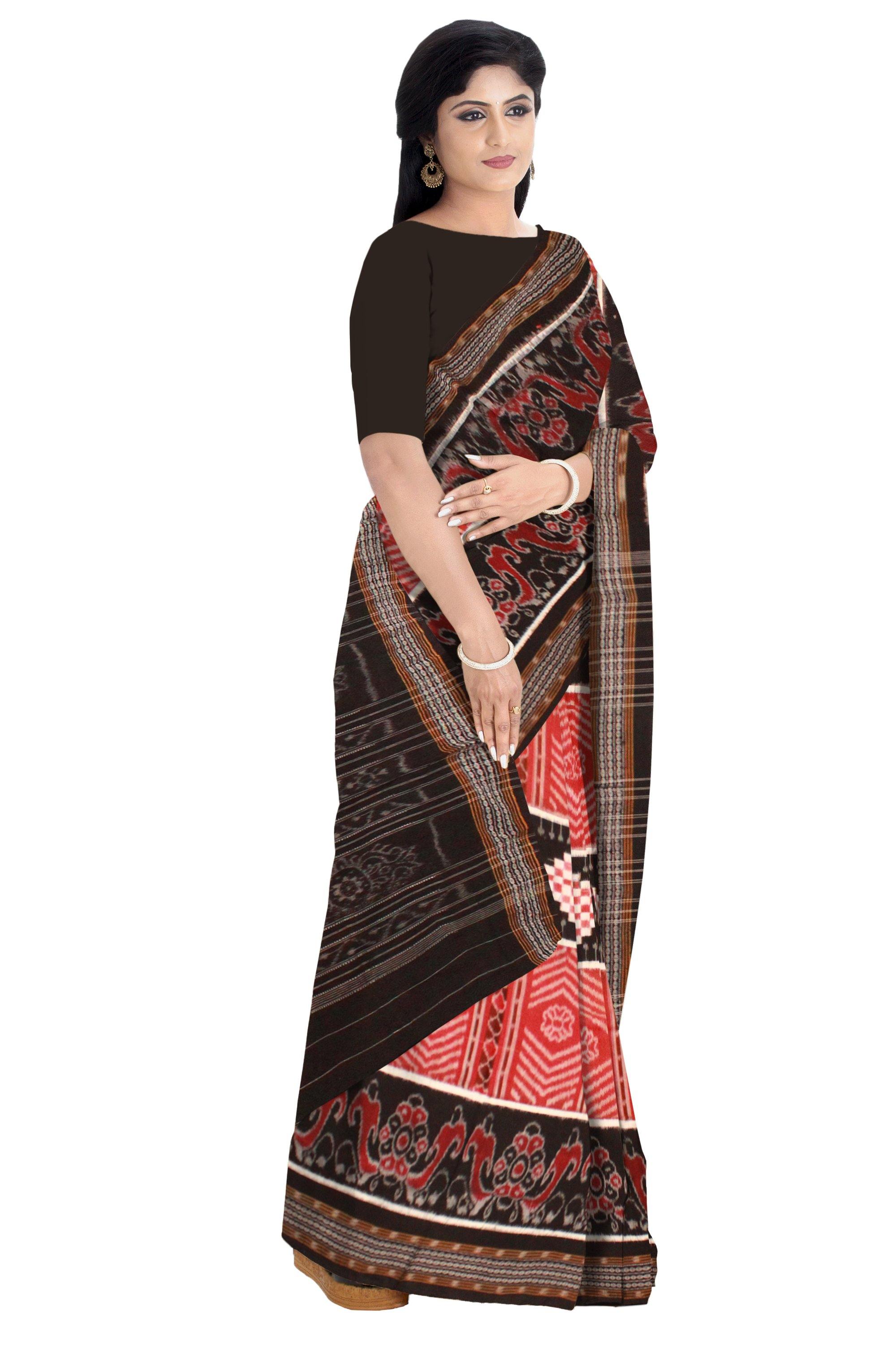 Sambalpuri cotton pasapali saree in Maroon and Black color. Without blouse piece - Koshali Arts & Crafts Enterprise