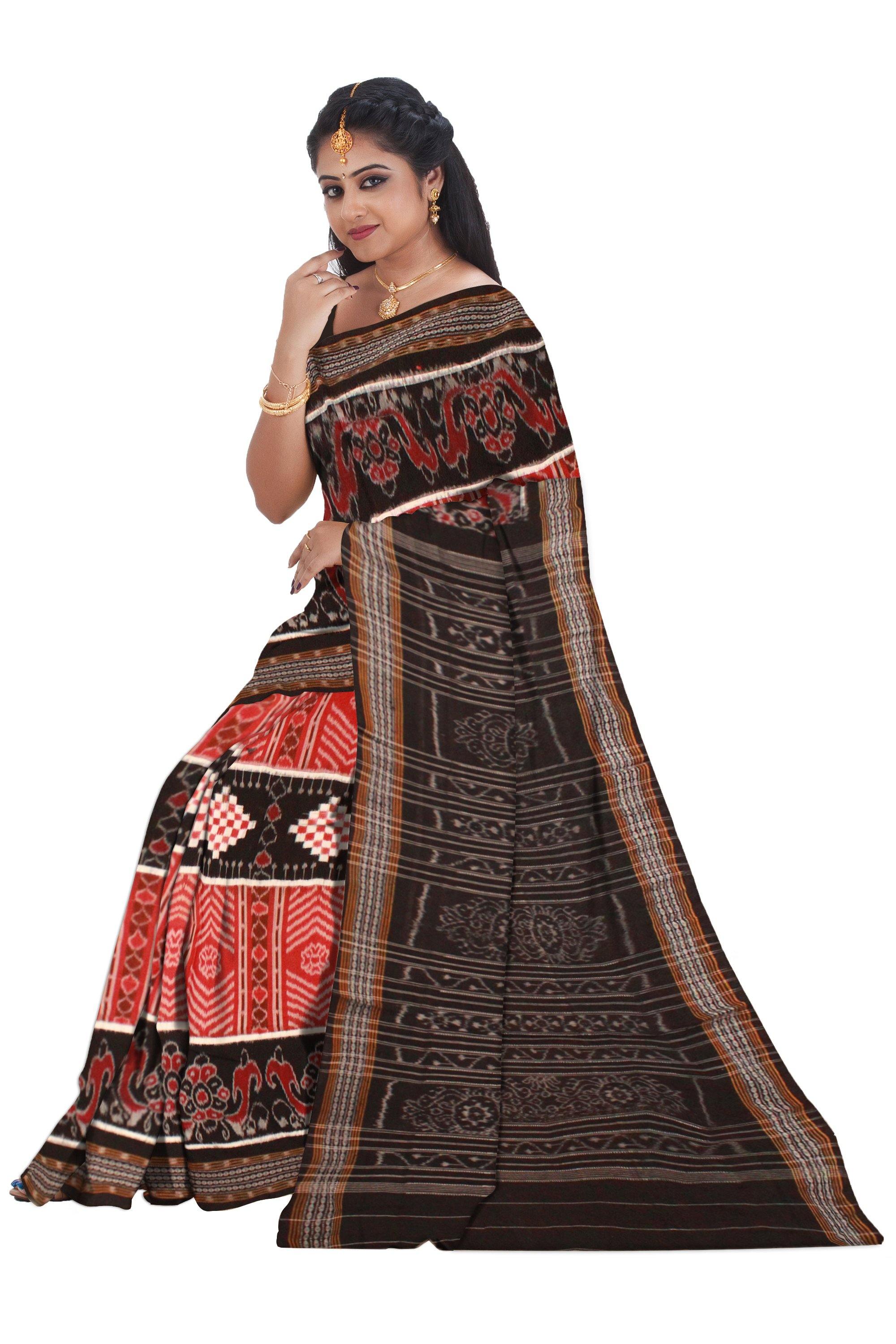 Sambalpuri cotton pasapali saree in Maroon and Black color. Without blouse piece - Koshali Arts & Crafts Enterprise