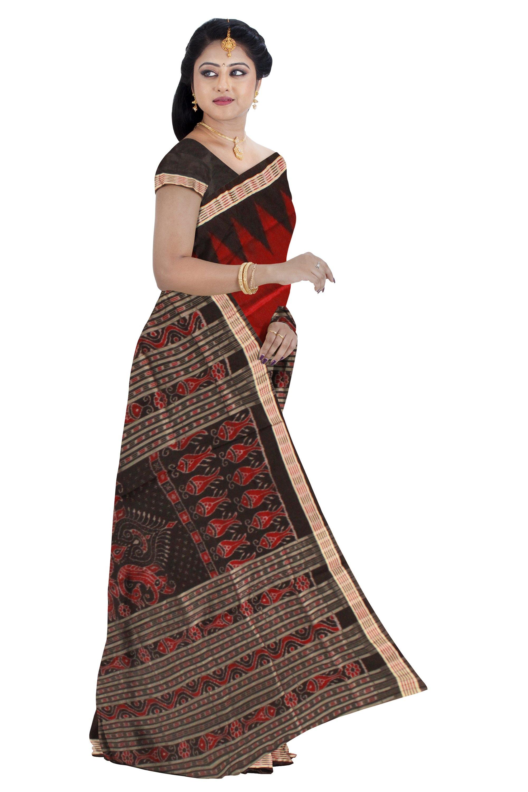 Maroon color Kumbha Border Sambalpuri Pata saree with Blouse piece - Koshali Arts & Crafts Enterprise