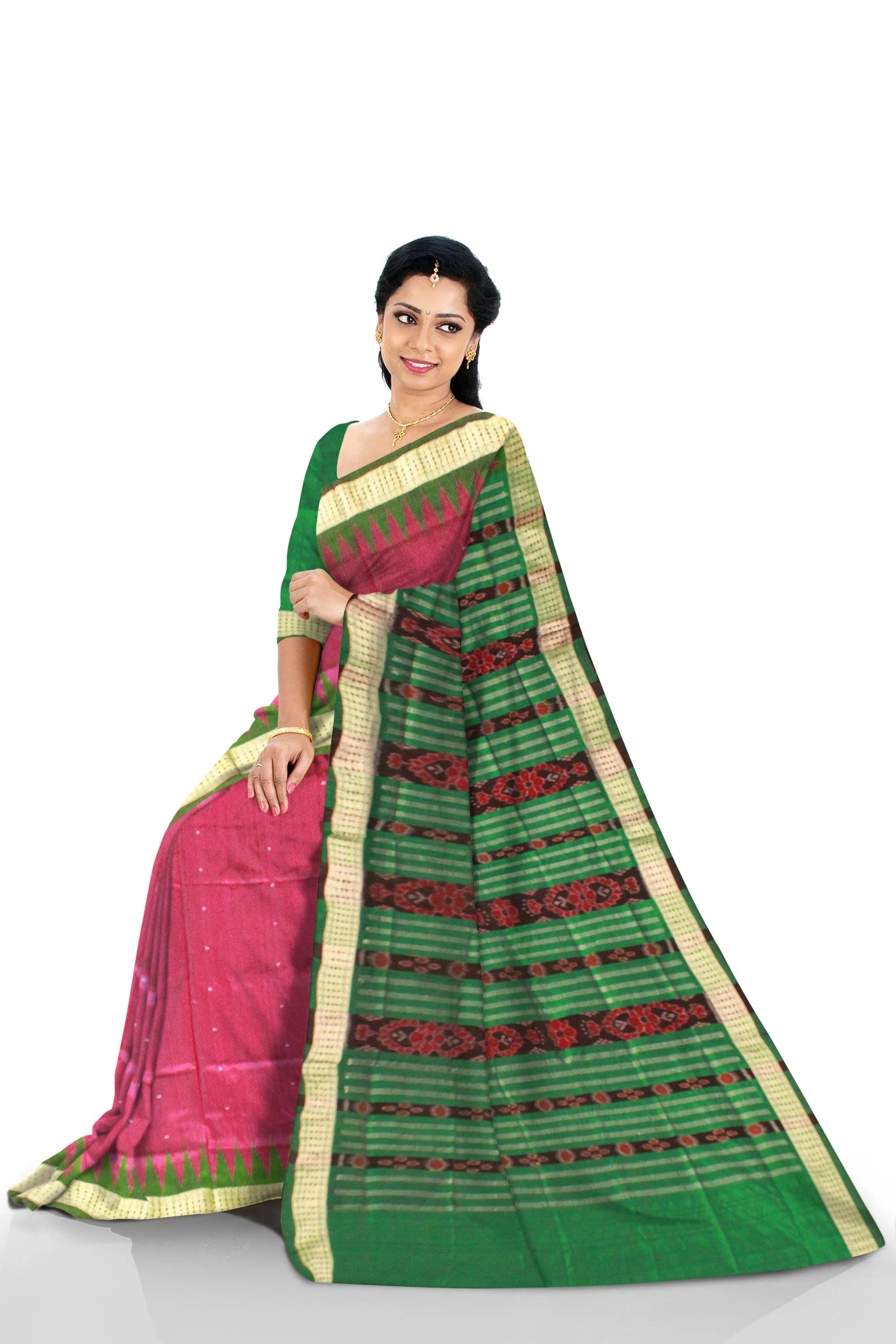 Pink Color Buti Pattern Mix Pata Saree with blouse piece. - Koshali Arts & Crafts Enterprise