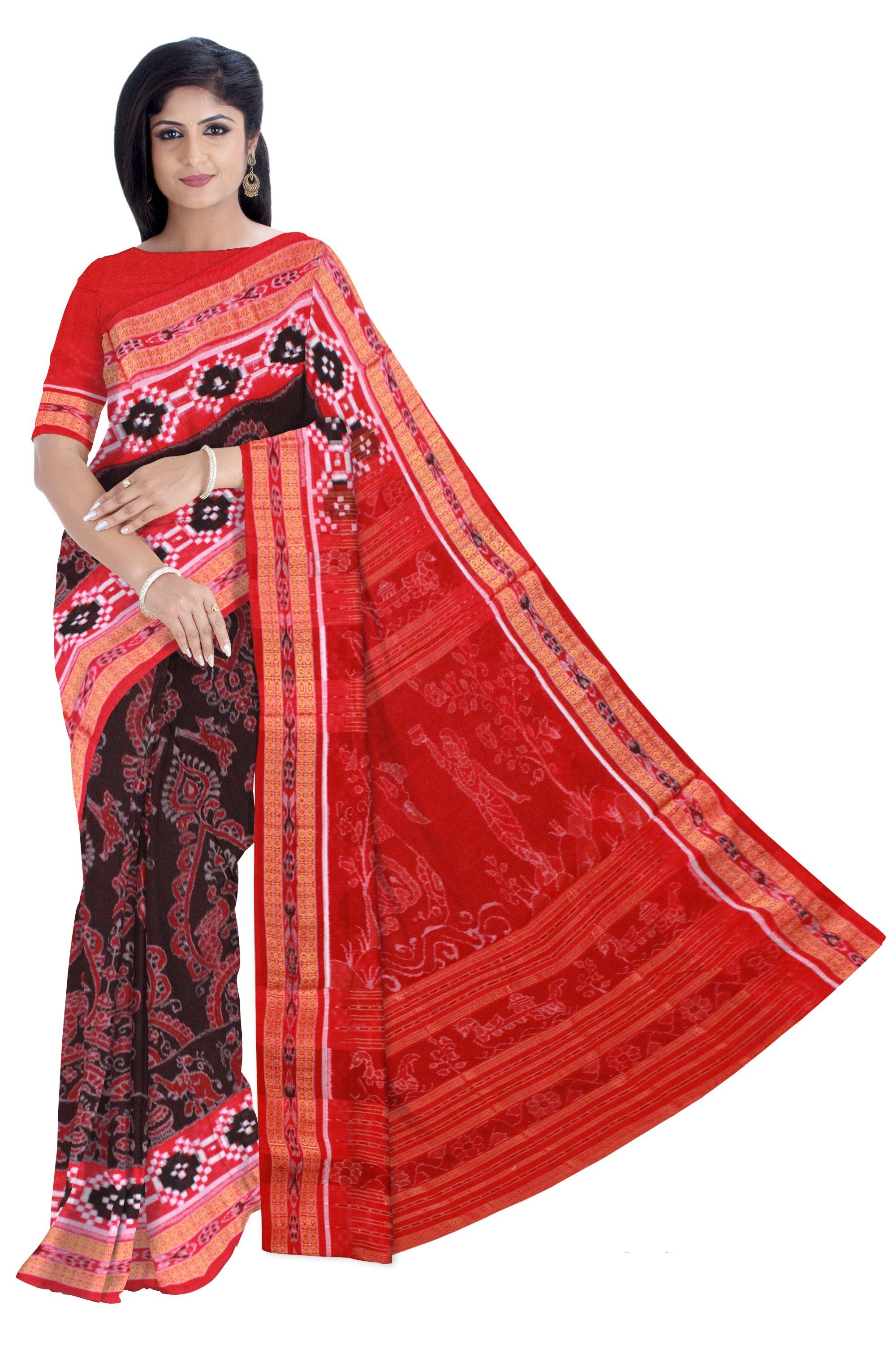 Sambalpuri Flora design Pure cotton saree with pasapali border in Coffee Colour, with blouse piece - Koshali Arts & Crafts Enterprise