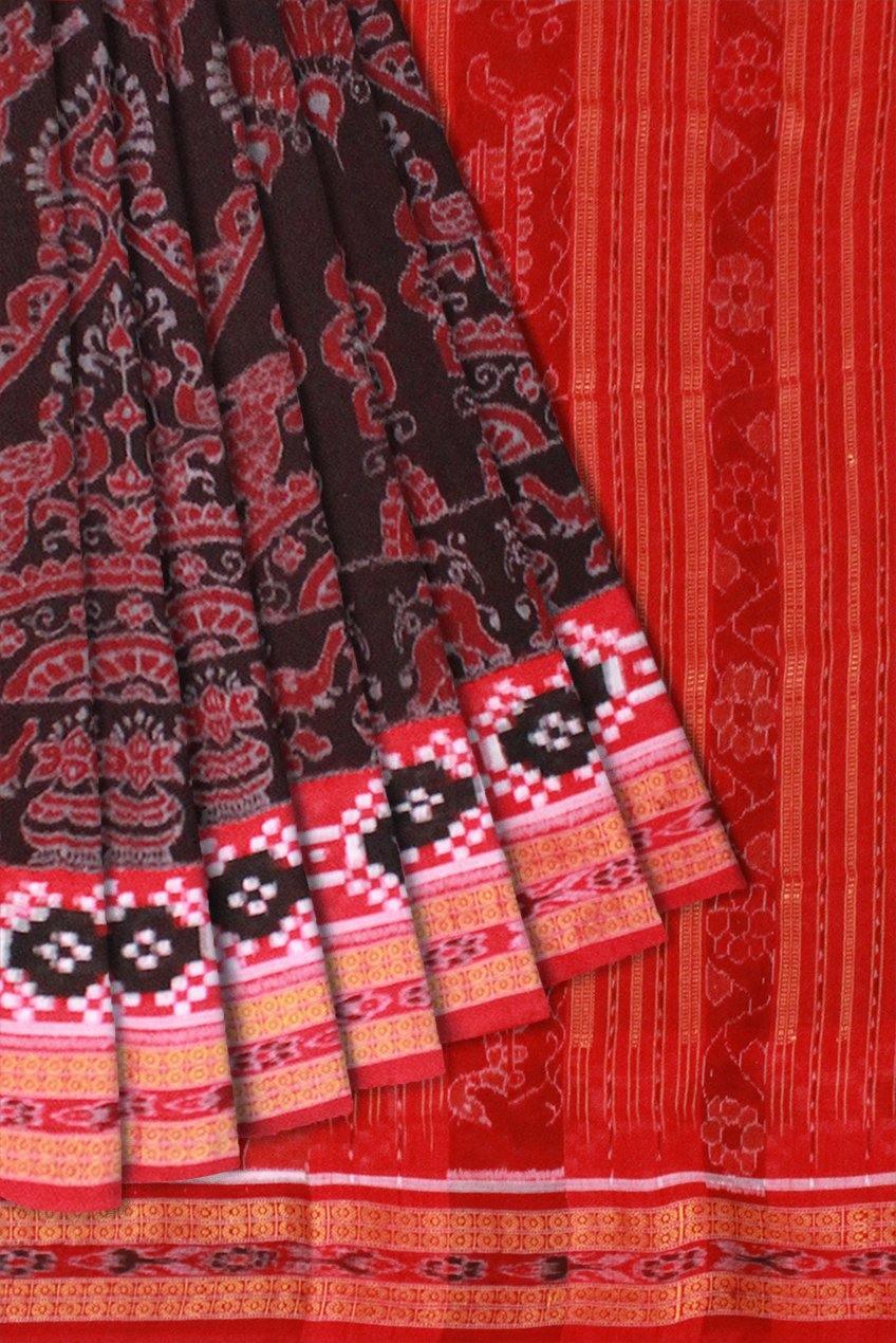 Sambalpuri Flora design Pure cotton saree with pasapali border in Coffee Colour, with blouse piece - Koshali Arts & Crafts Enterprise