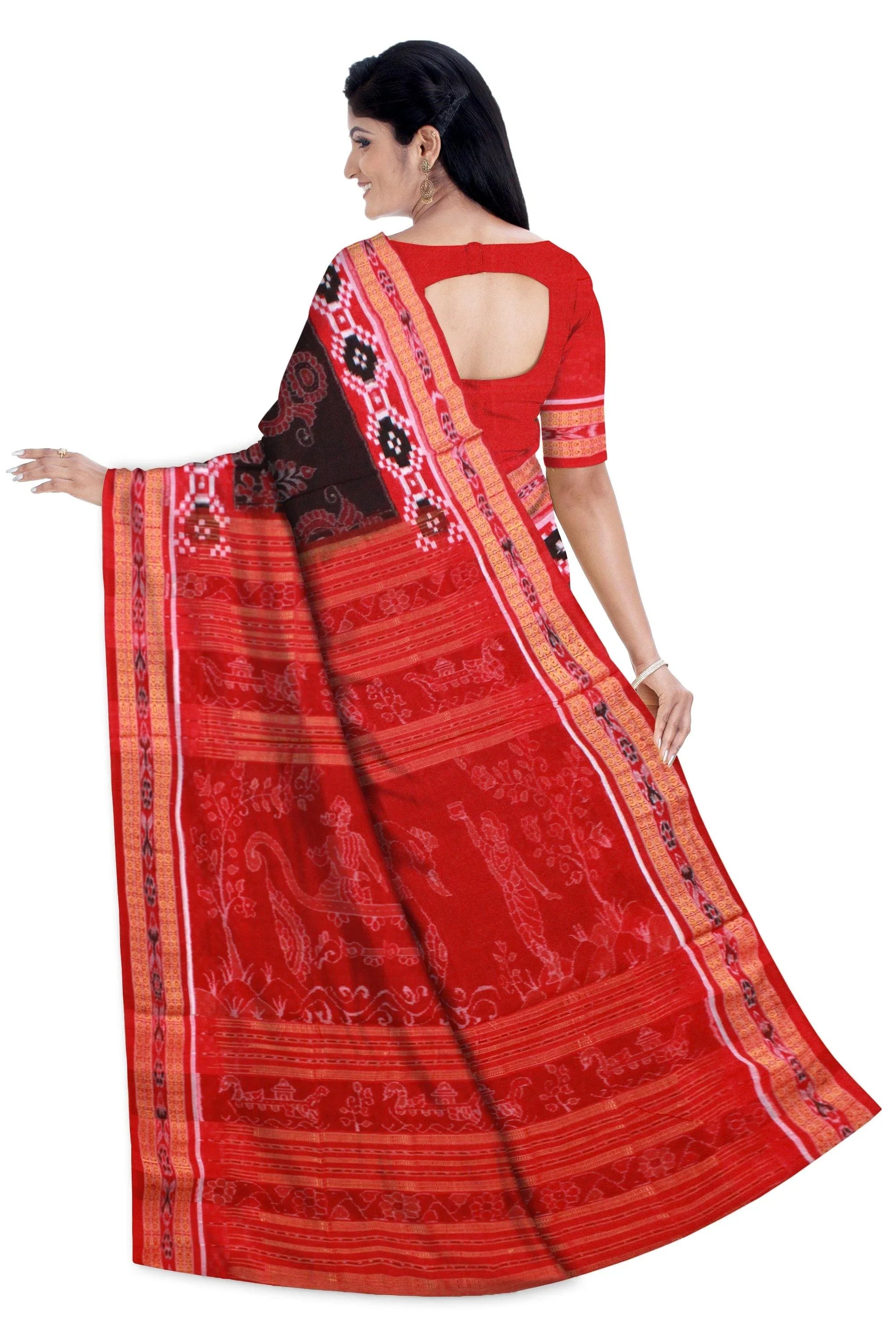 Sambalpuri Flora design Pure cotton saree with pasapali border in Coffee Colour, with blouse piece - Koshali Arts & Crafts Enterprise
