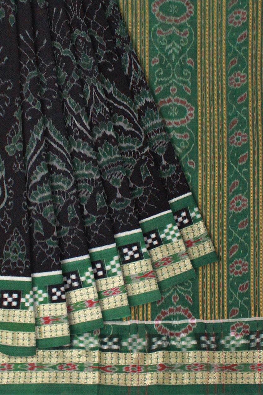 Sambalpuri Flora design Pure cotton saree in Black & Green with Pasapali border, with blouse piece - Koshali Arts & Crafts Enterprise