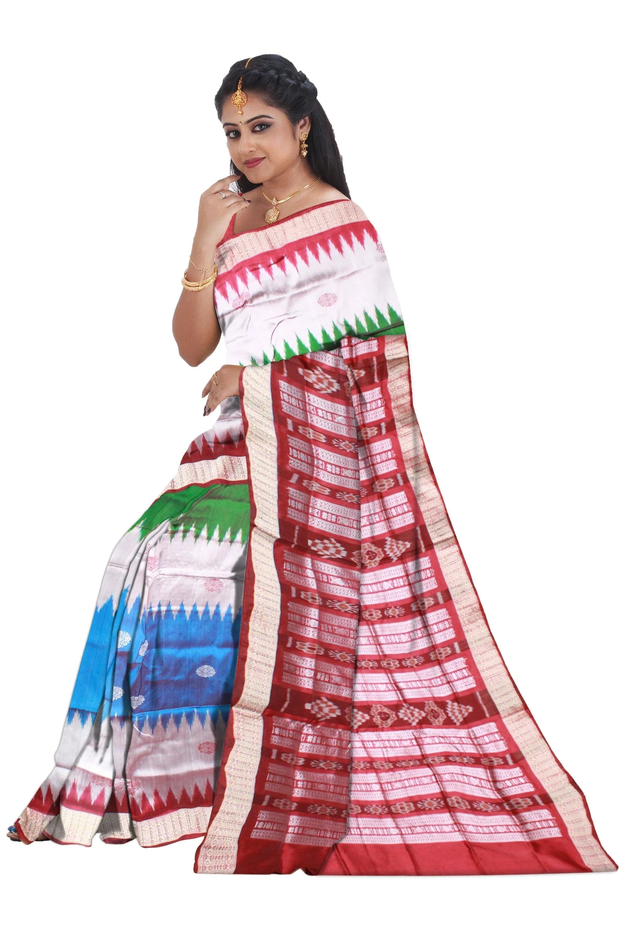 Multi Colour Pata Saree with Bomkei flower design with blouse piece. - Koshali Arts & Crafts Enterprise
