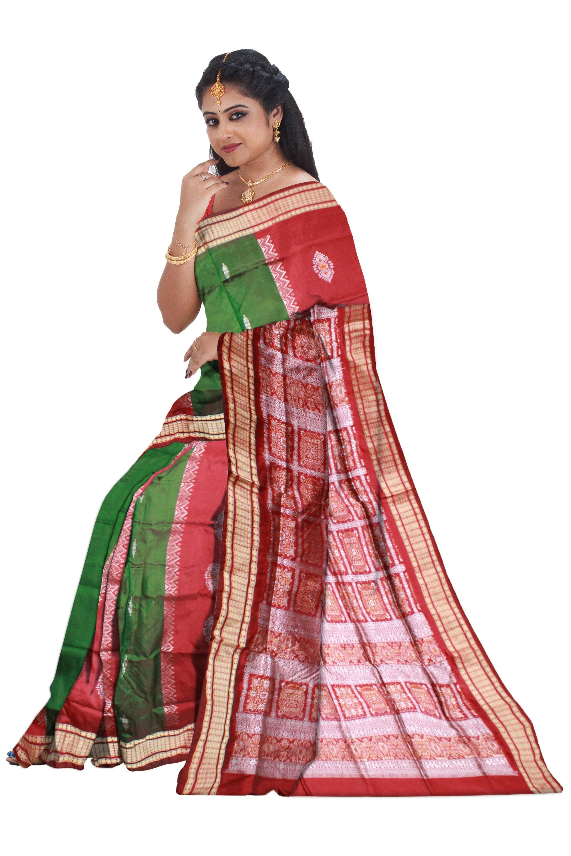 Red and Green Colour Pata Saree with Bomkei flower design with blouse piece. - Koshali Arts & Crafts Enterprise