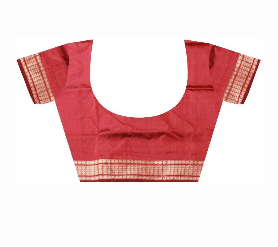 Red and Green Colour Pata Saree with Bomkei flower design with blouse piece. - Koshali Arts & Crafts Enterprise