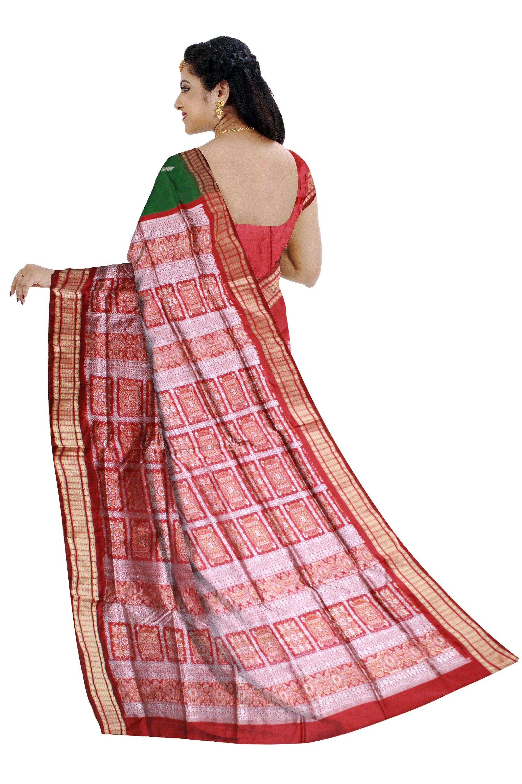 Red and Green Colour Pata Saree with Bomkei flower design with blouse piece. - Koshali Arts & Crafts Enterprise
