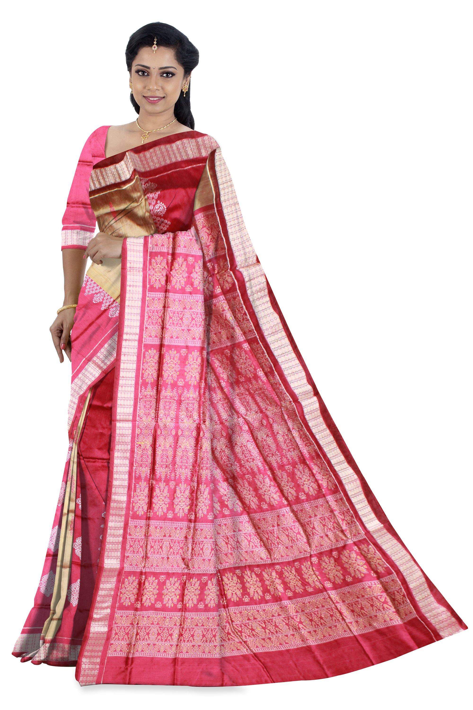 Pink & Peach Bomkei design Sambalpuri pata saree, with blouse piece. - Koshali Arts & Crafts Enterprise