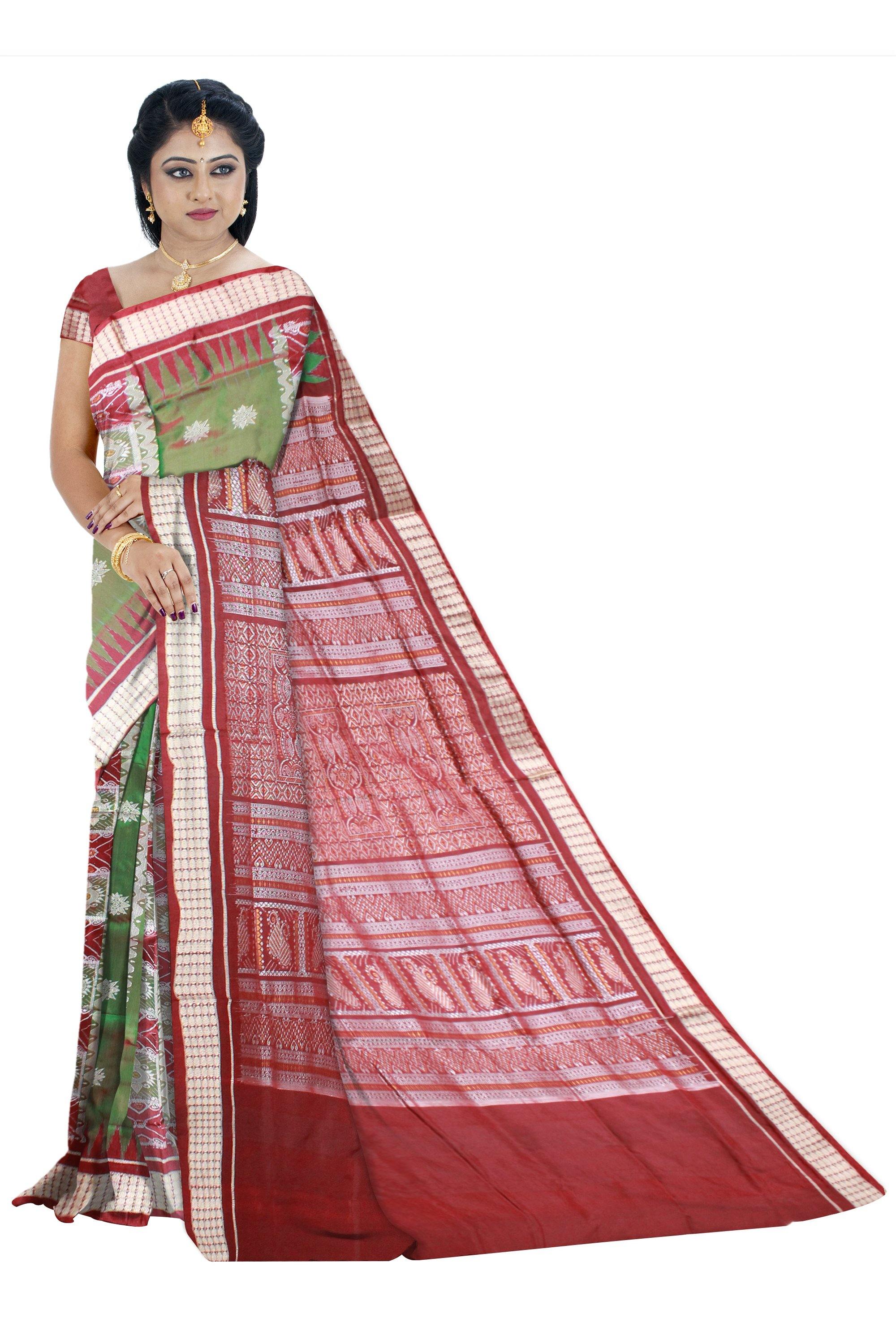 Green color Bomkei design Sambalpuri pata saree with blouse piece. - Koshali Arts & Crafts Enterprise