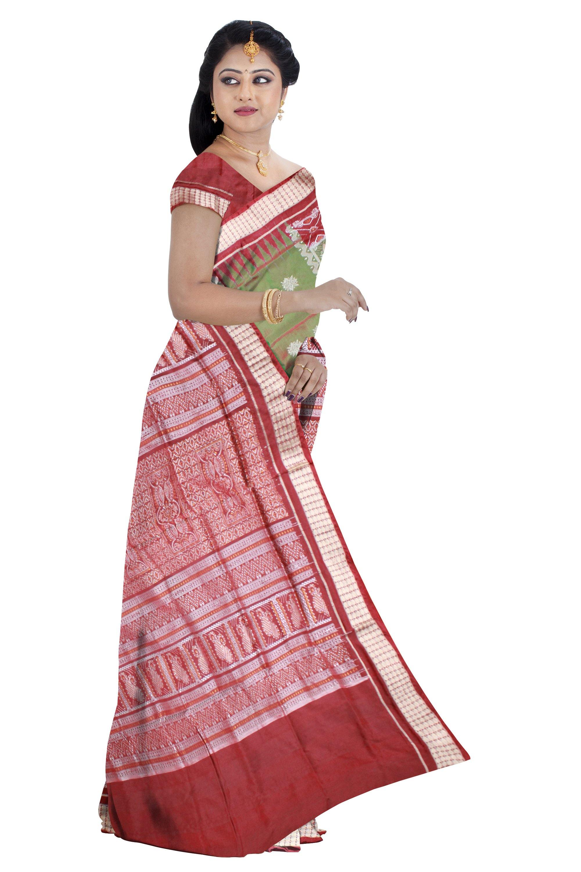 Green color Bomkei design Sambalpuri pata saree with blouse piece. - Koshali Arts & Crafts Enterprise