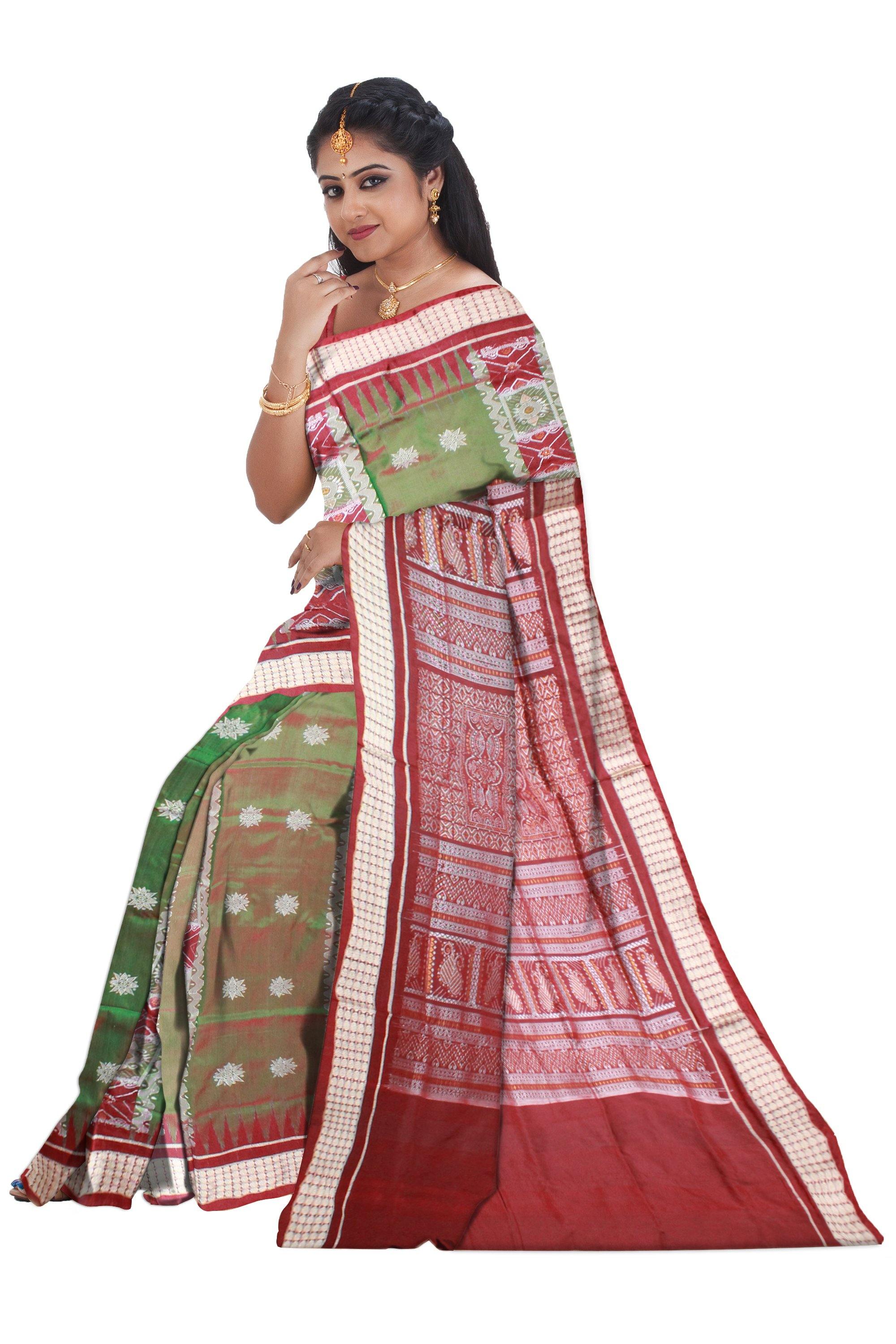 Green color Bomkei design Sambalpuri pata saree with blouse piece. - Koshali Arts & Crafts Enterprise