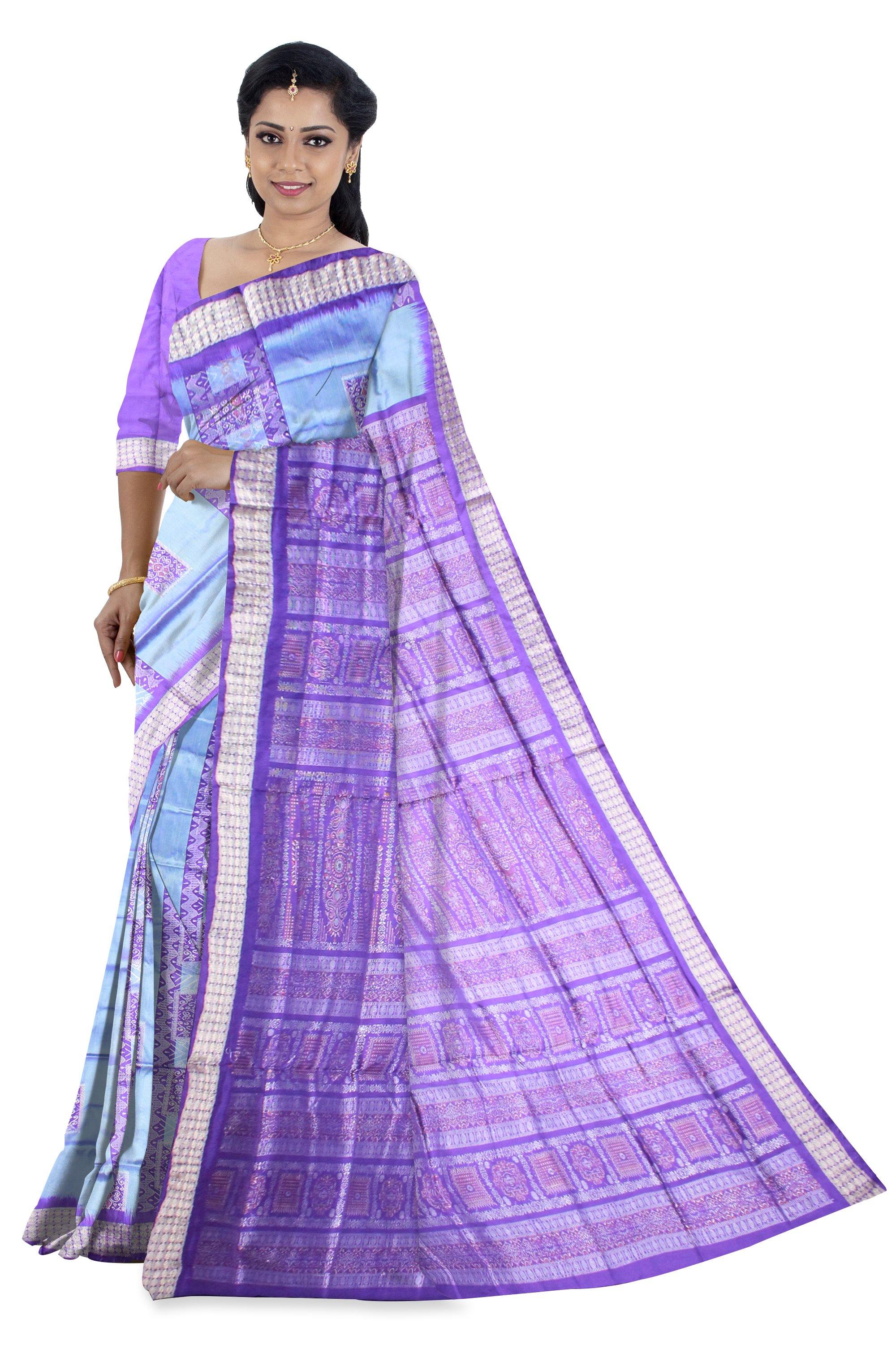 Sky Blue color Bomkei pata saree with blouse piece. - Koshali Arts & Crafts Enterprise