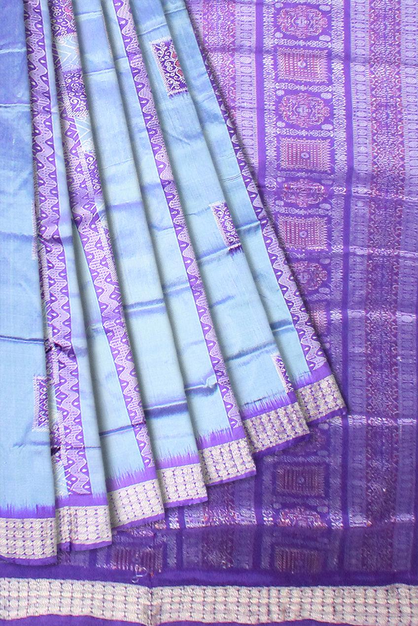 Sky Blue color Bomkei pata saree with blouse piece. - Koshali Arts & Crafts Enterprise