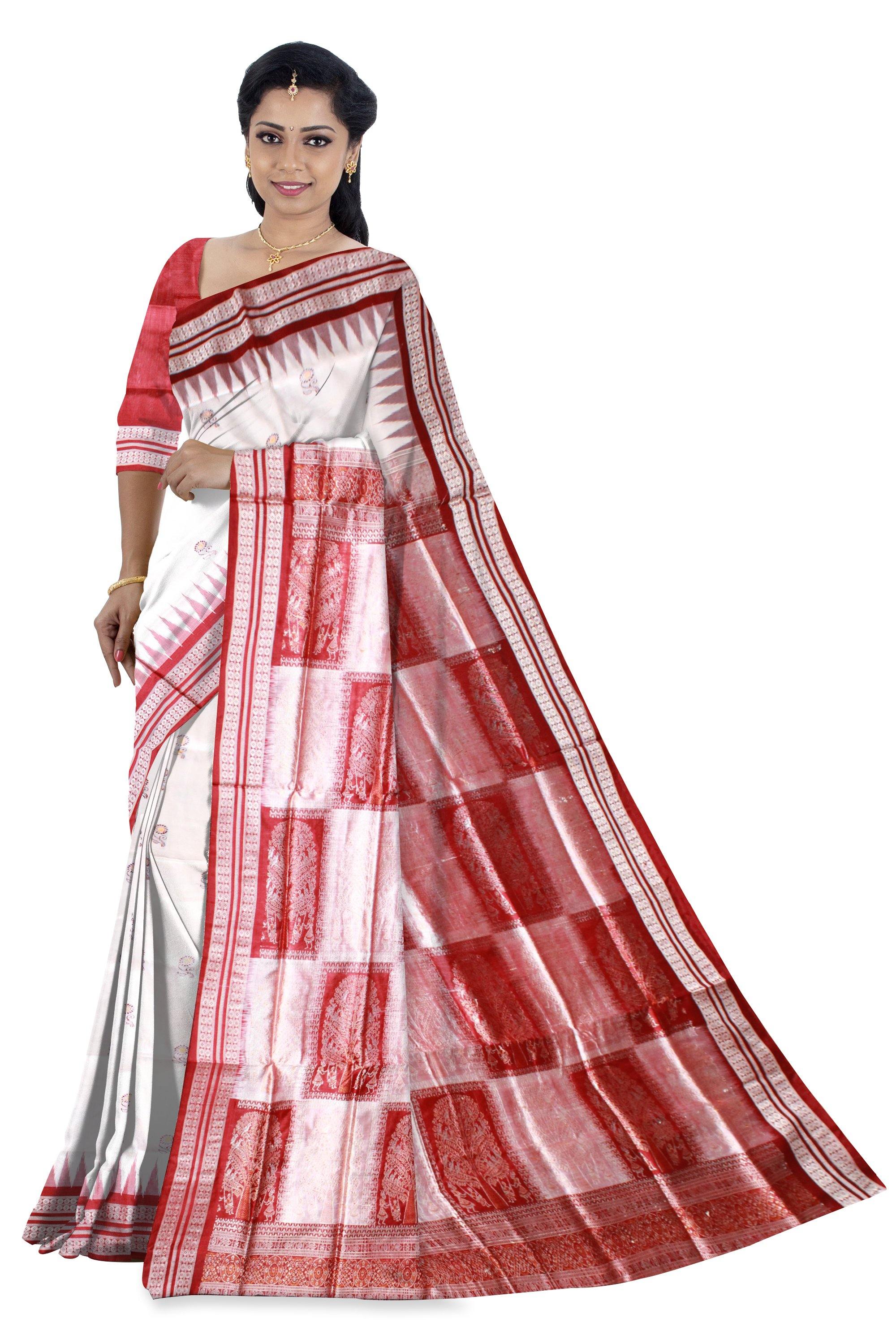 Authentic Sambalpuri pata saree in white color available with blouse piece. - Koshali Arts & Crafts Enterprise