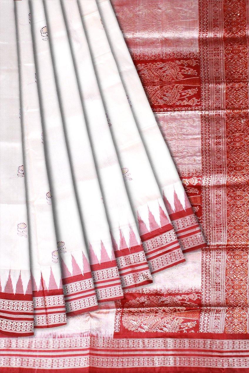 Authentic Sambalpuri pata saree in white color available with blouse piece. - Koshali Arts & Crafts Enterprise
