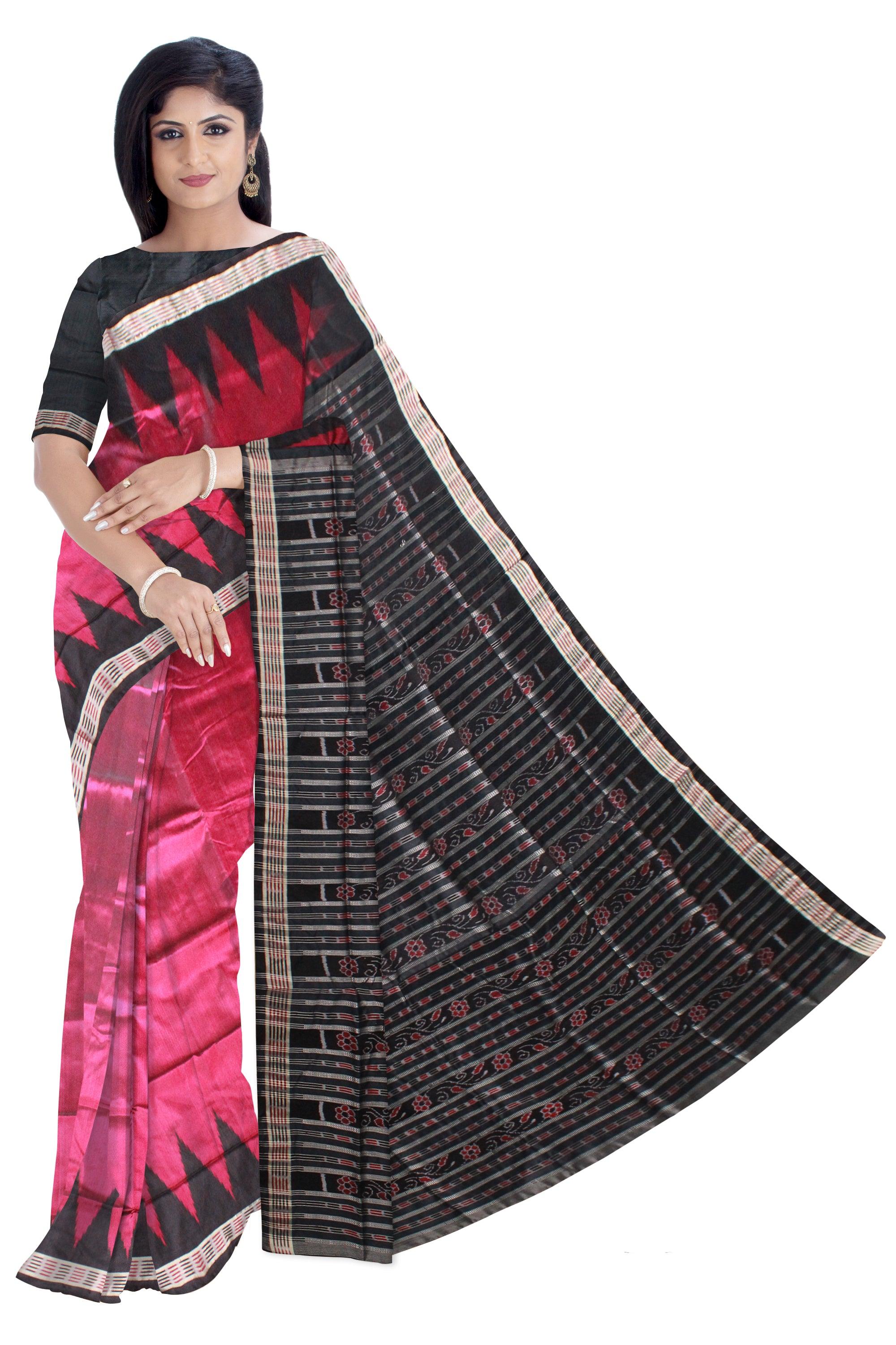 Pink color Plain body Sambalpuri Pata saree, with blouse piece. - Koshali Arts & Crafts Enterprise