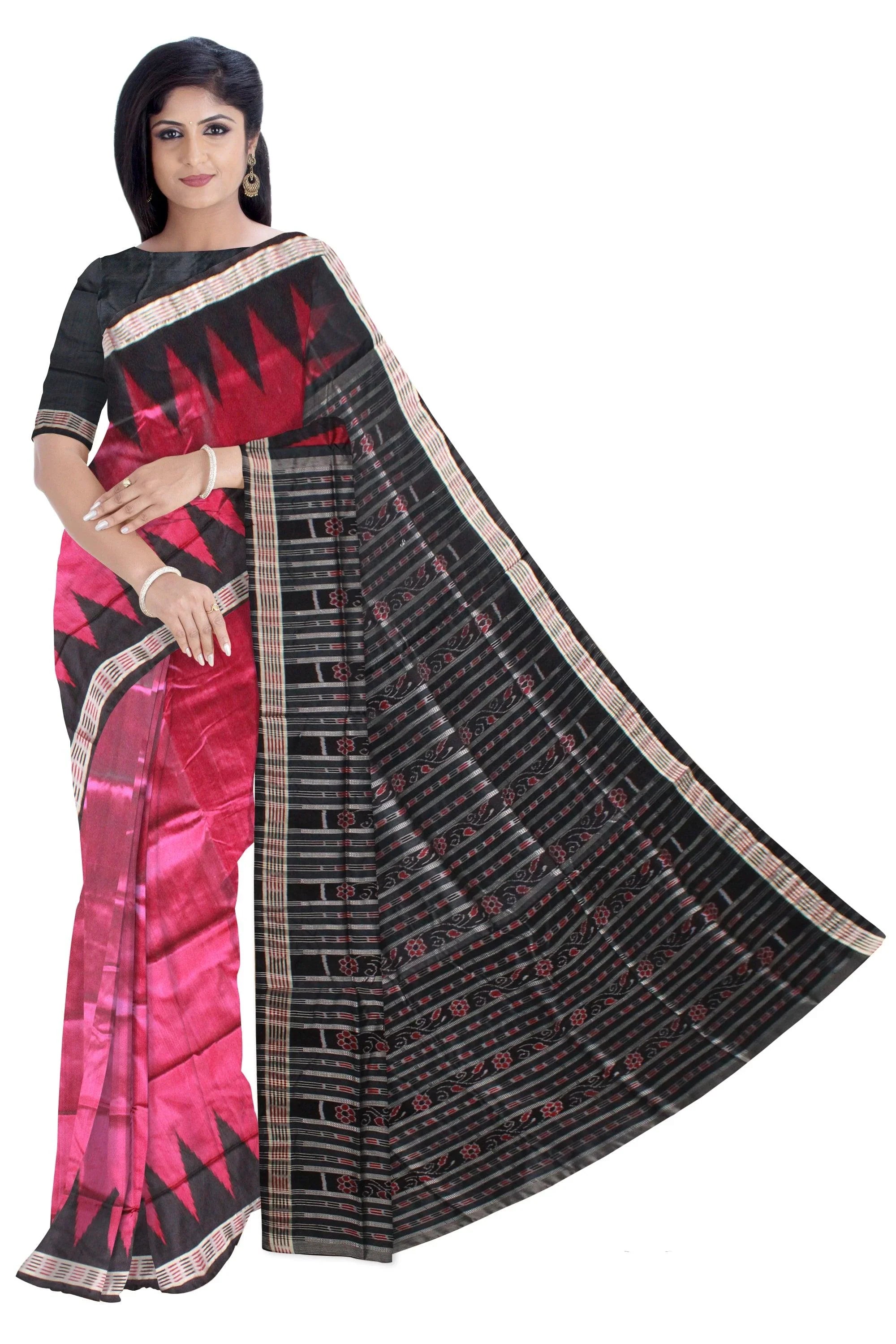 Pink color Plain body Sambalpuri Pata saree, with blouse piece. - Koshali Arts & Crafts Enterprise
