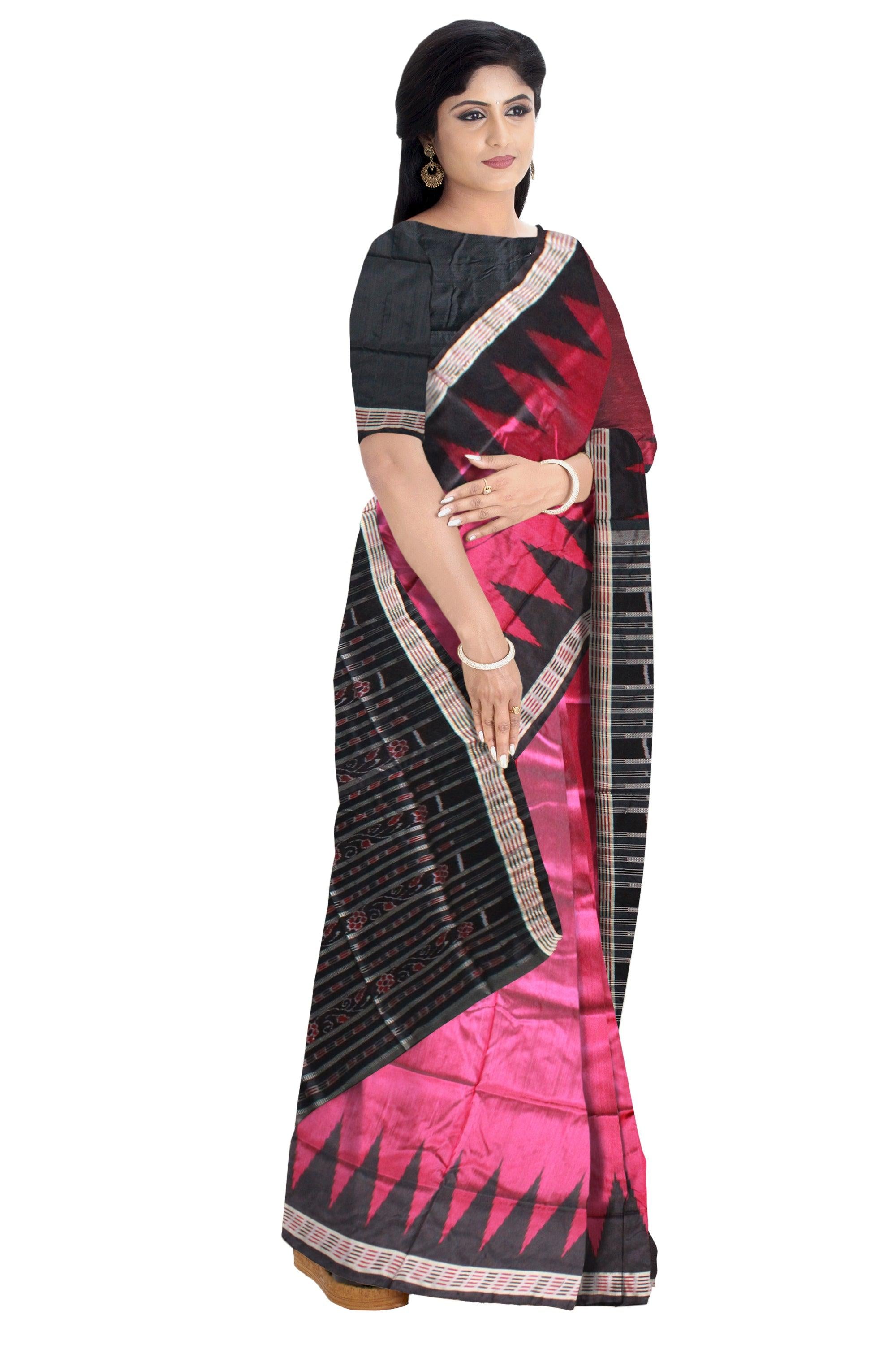 Pink color Plain body Sambalpuri Pata saree, with blouse piece. - Koshali Arts & Crafts Enterprise