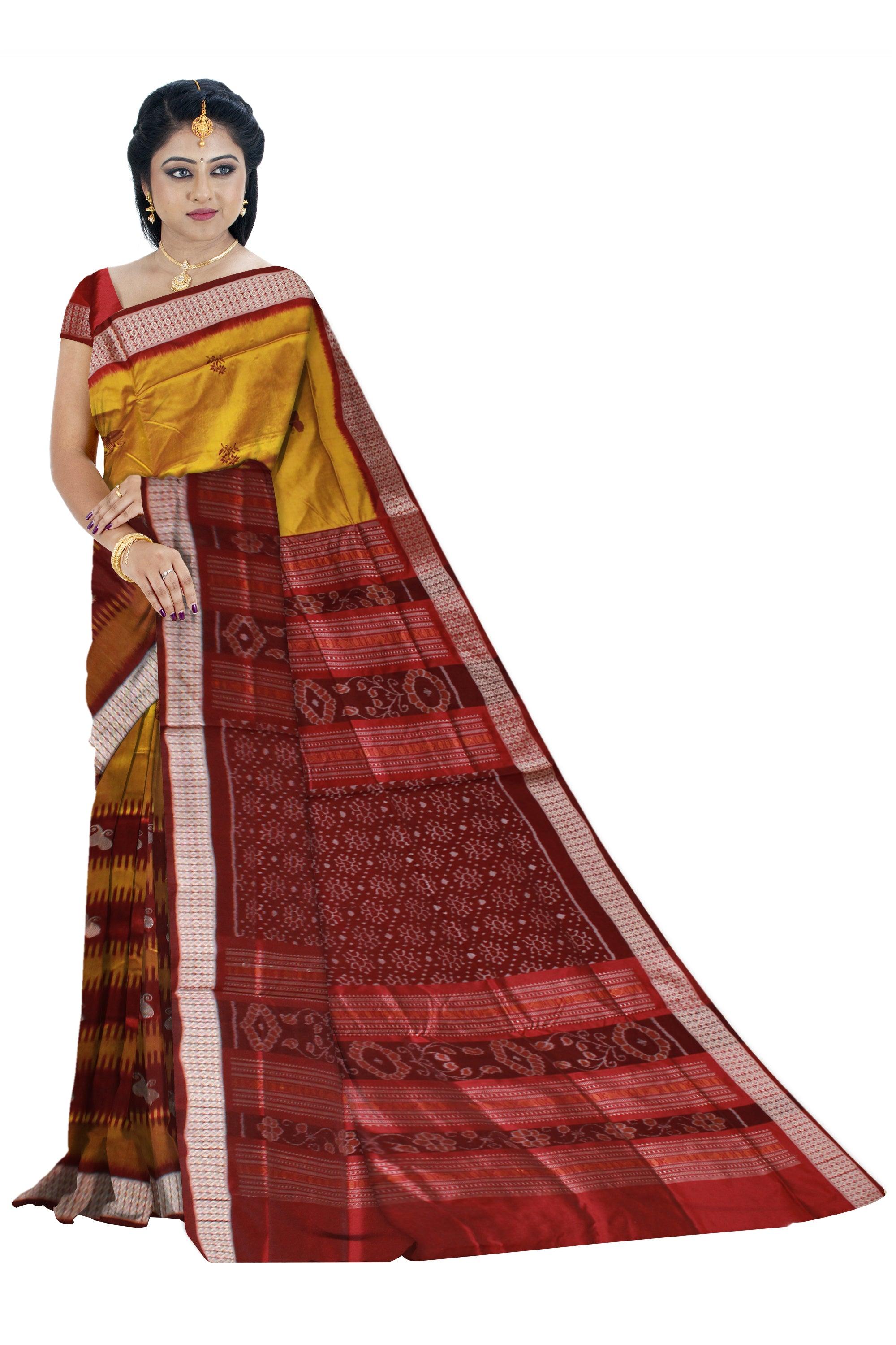 Yellow and maroon mix Sambalpuri flora print pata saree with blouse piece. - Koshali Arts & Crafts Enterprise