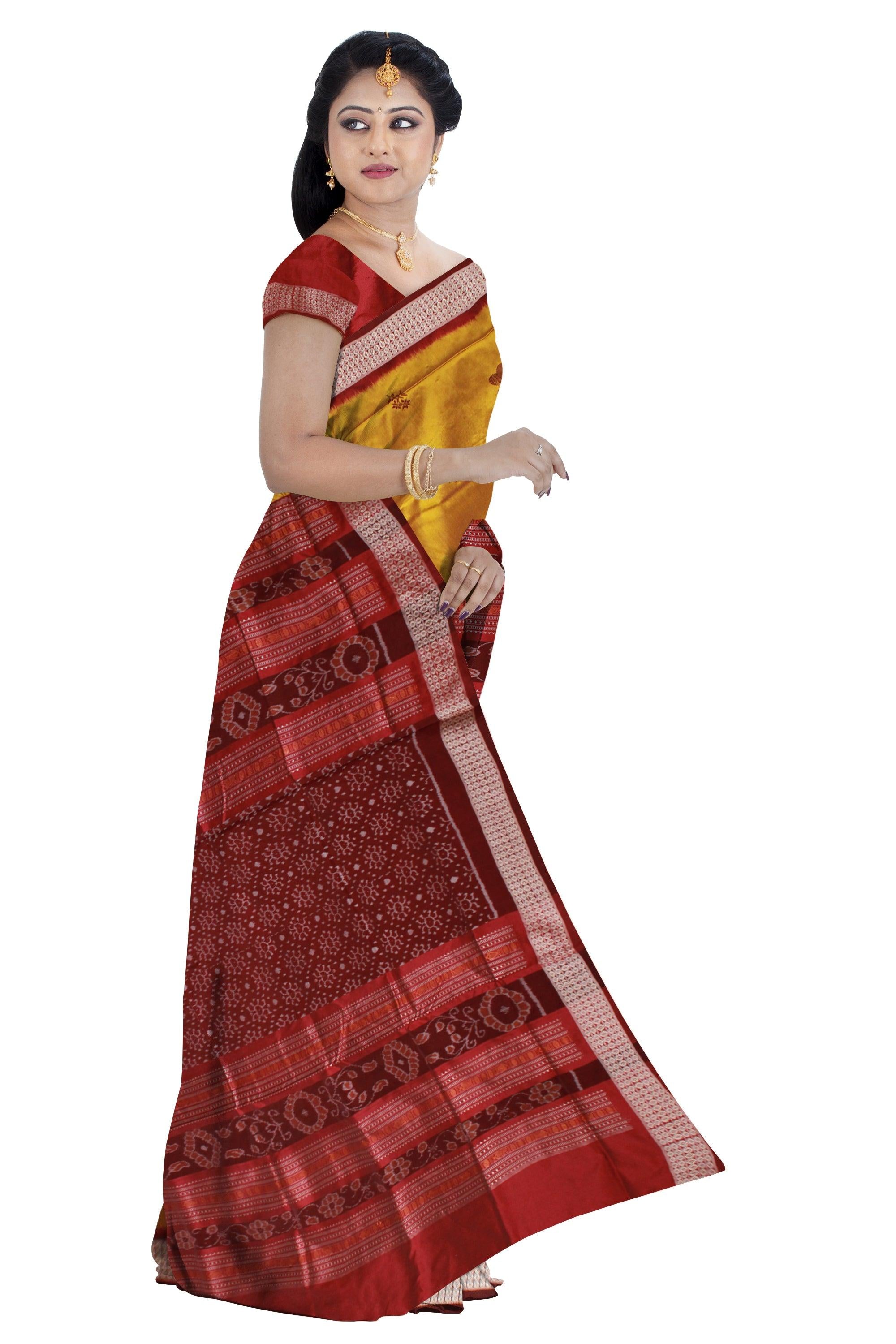 Yellow and maroon mix Sambalpuri flora print pata saree with blouse piece. - Koshali Arts & Crafts Enterprise