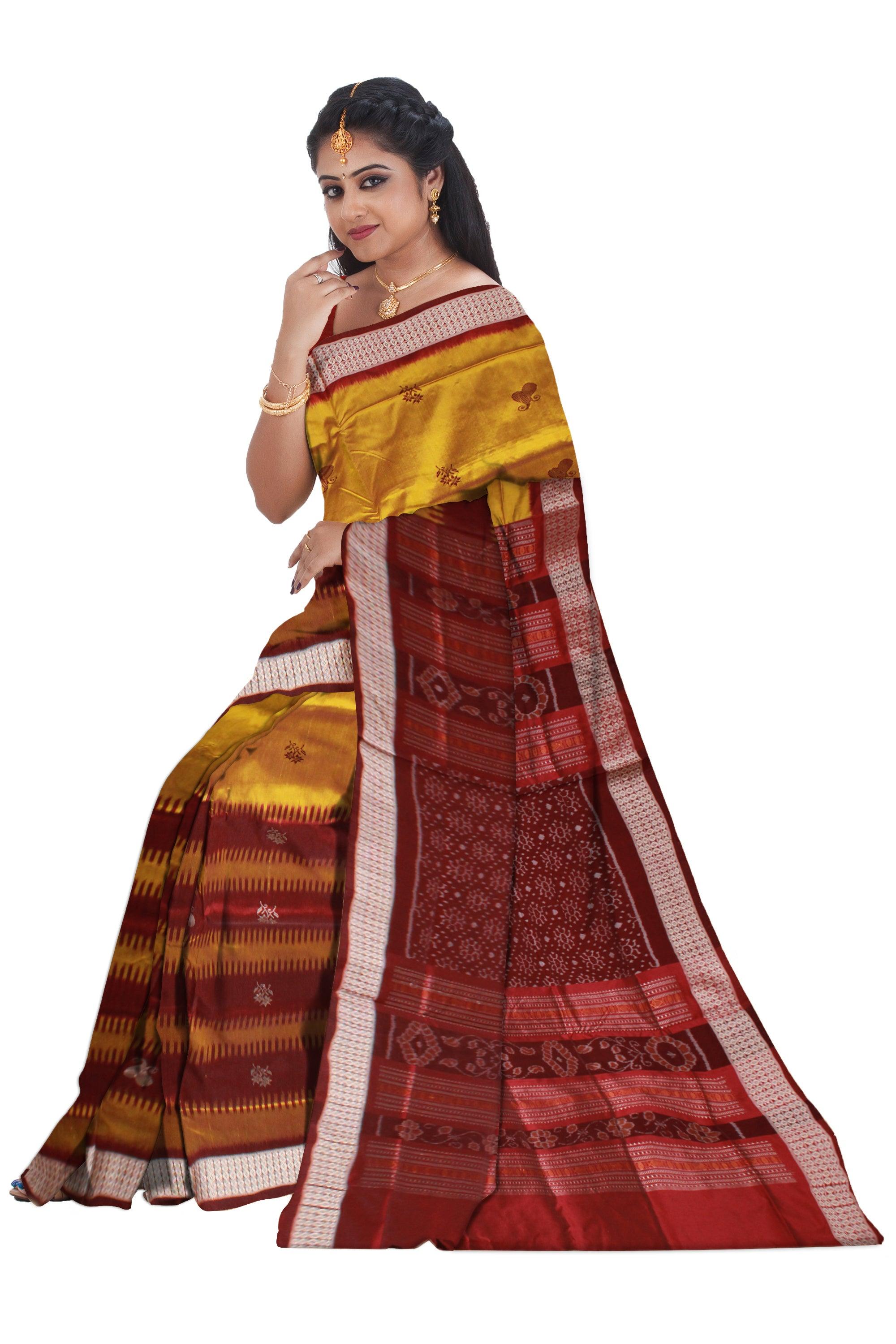 Yellow and maroon mix Sambalpuri flora print pata saree with blouse piece. - Koshali Arts & Crafts Enterprise