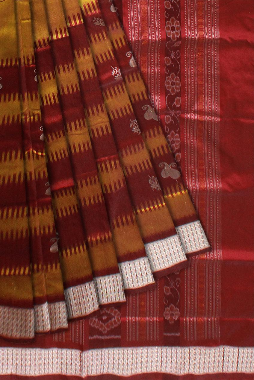 Yellow and maroon mix Sambalpuri flora print pata saree with blouse piece. - Koshali Arts & Crafts Enterprise