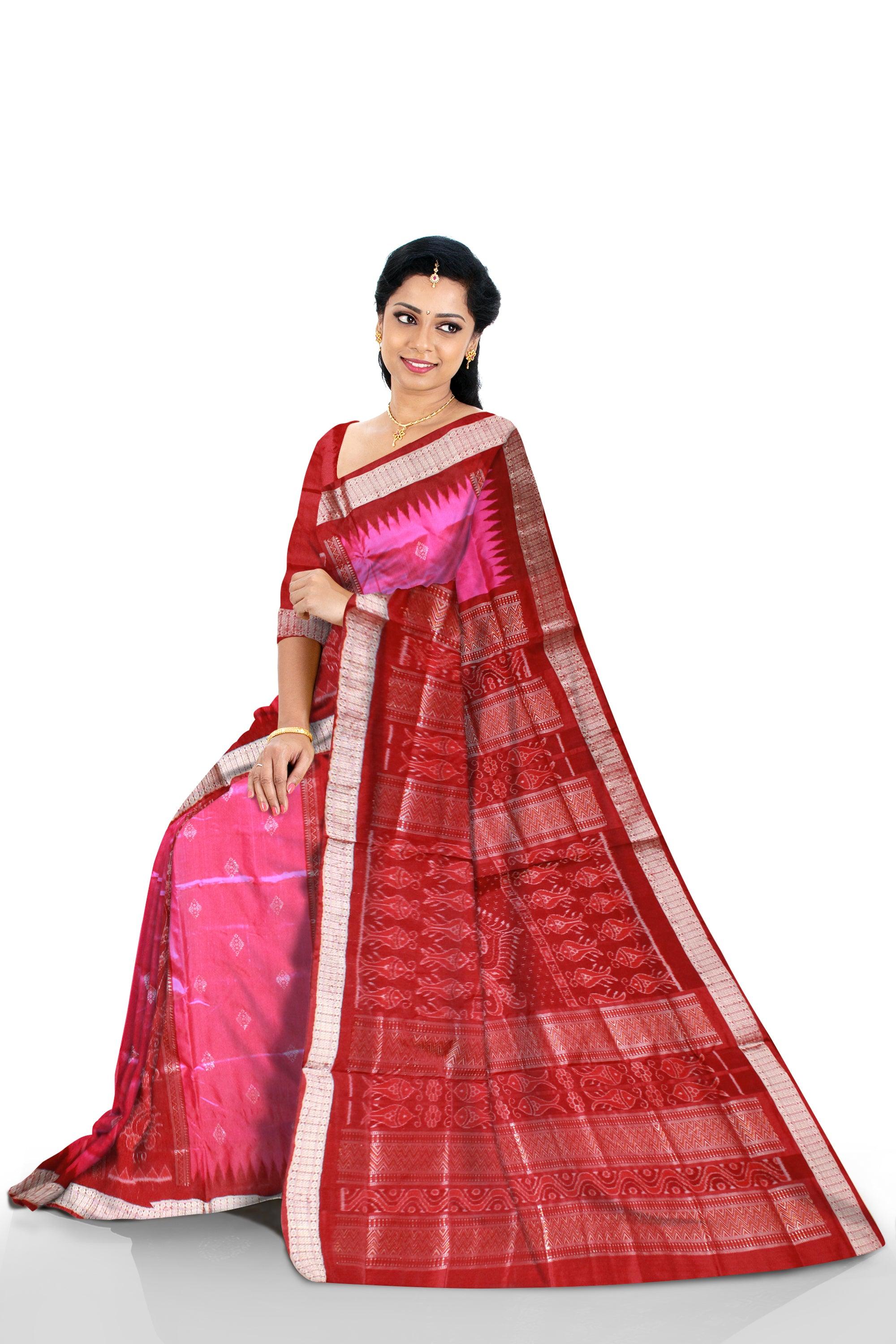 Pink and Maroon Maryuri Sambalpuri pata saree with blouse piece. - Koshali Arts & Crafts Enterprise
