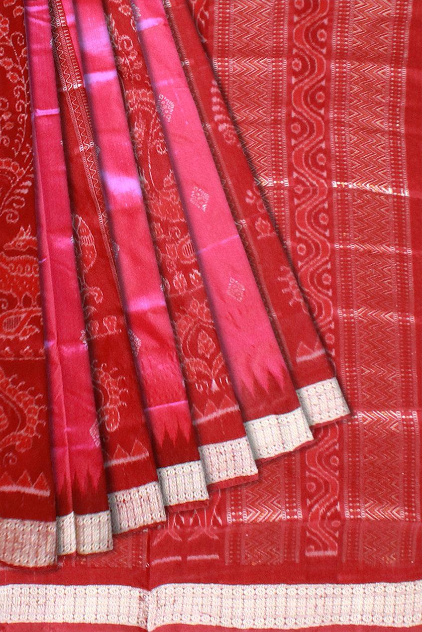 Pink and Maroon Maryuri Sambalpuri pata saree with blouse piece. - Koshali Arts & Crafts Enterprise