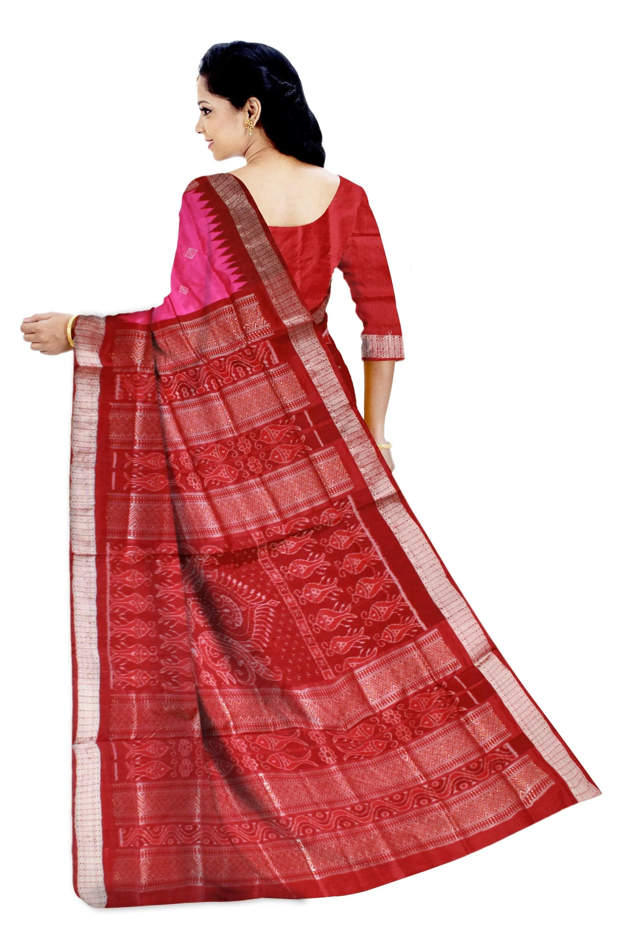 Pink and Maroon Maryuri Sambalpuri pata saree with blouse piece. - Koshali Arts & Crafts Enterprise