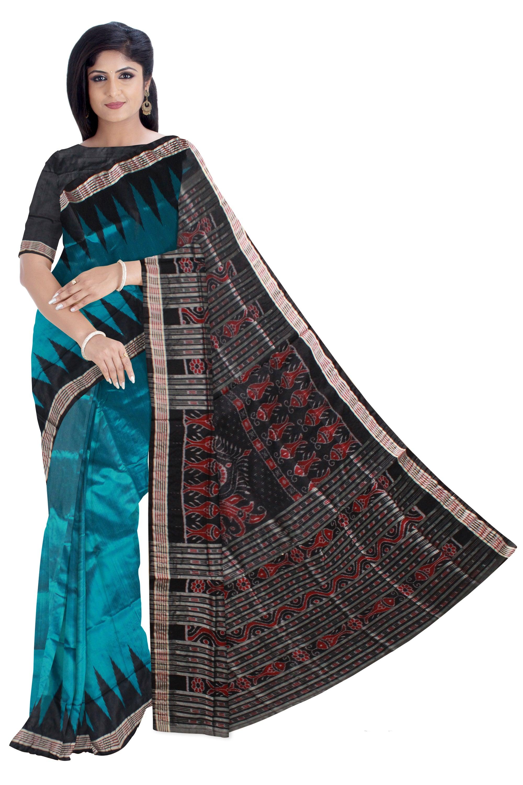 Aqua Blue color Plain body Sambalpuri Pata saree, with blouse piece. - Koshali Arts & Crafts Enterprise