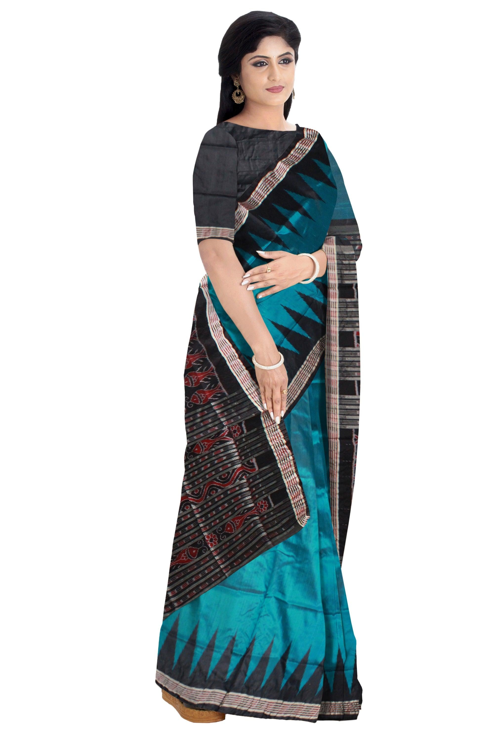 Aqua Blue color Plain body Sambalpuri Pata saree, with blouse piece. - Koshali Arts & Crafts Enterprise