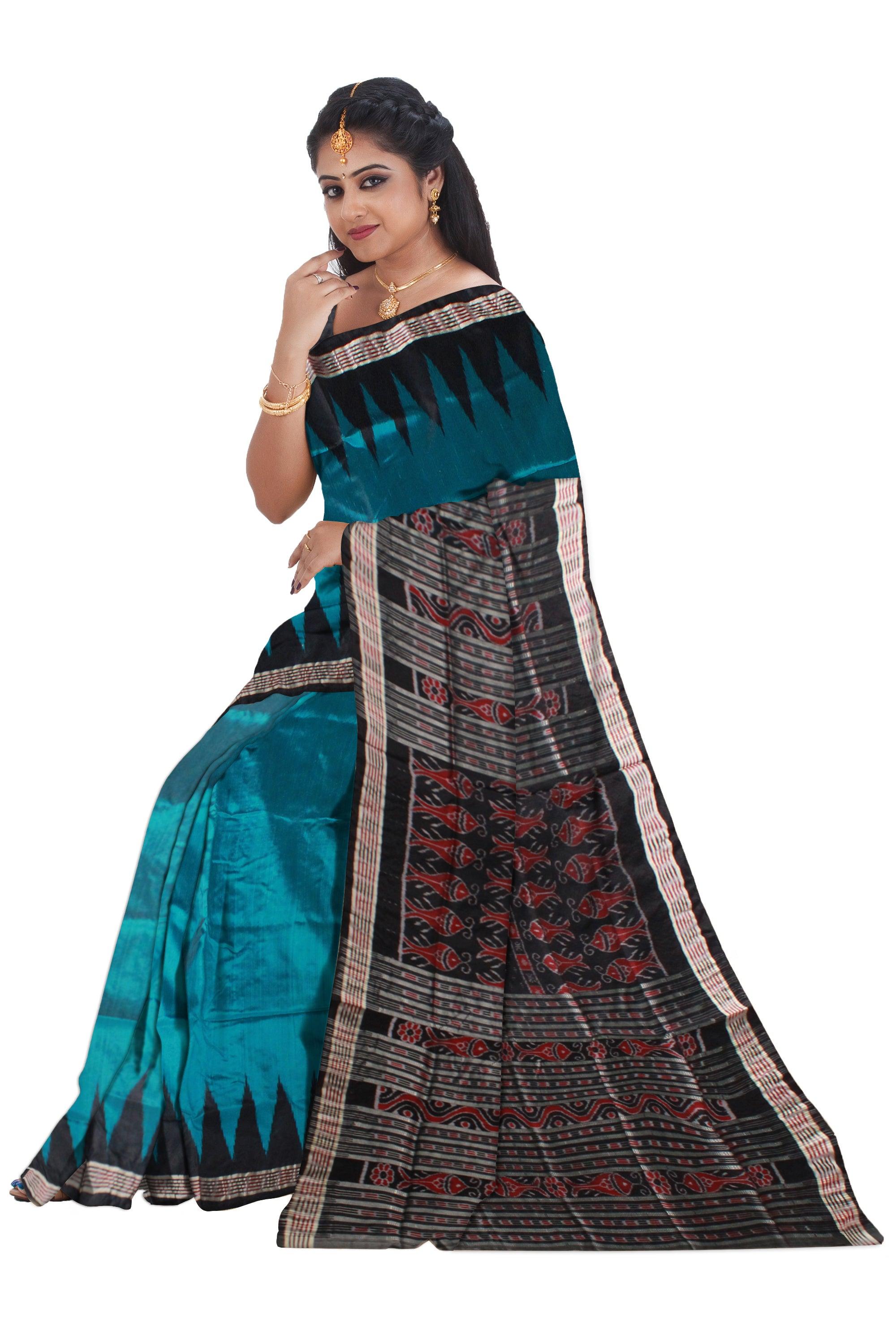 Aqua Blue color Plain body Sambalpuri Pata saree, with blouse piece. - Koshali Arts & Crafts Enterprise