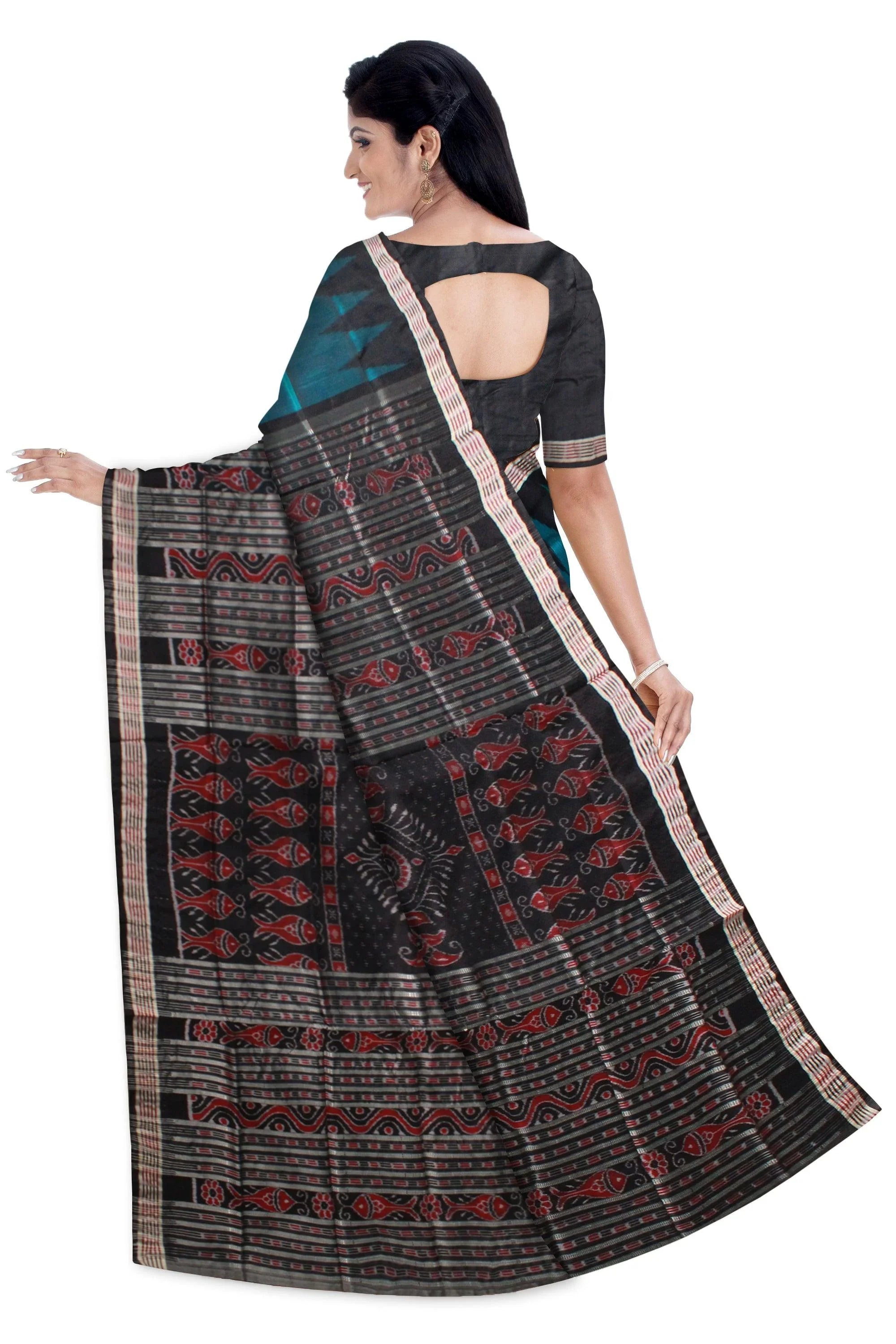 Aqua Blue color Plain body Sambalpuri Pata saree, with blouse piece. - Koshali Arts & Crafts Enterprise
