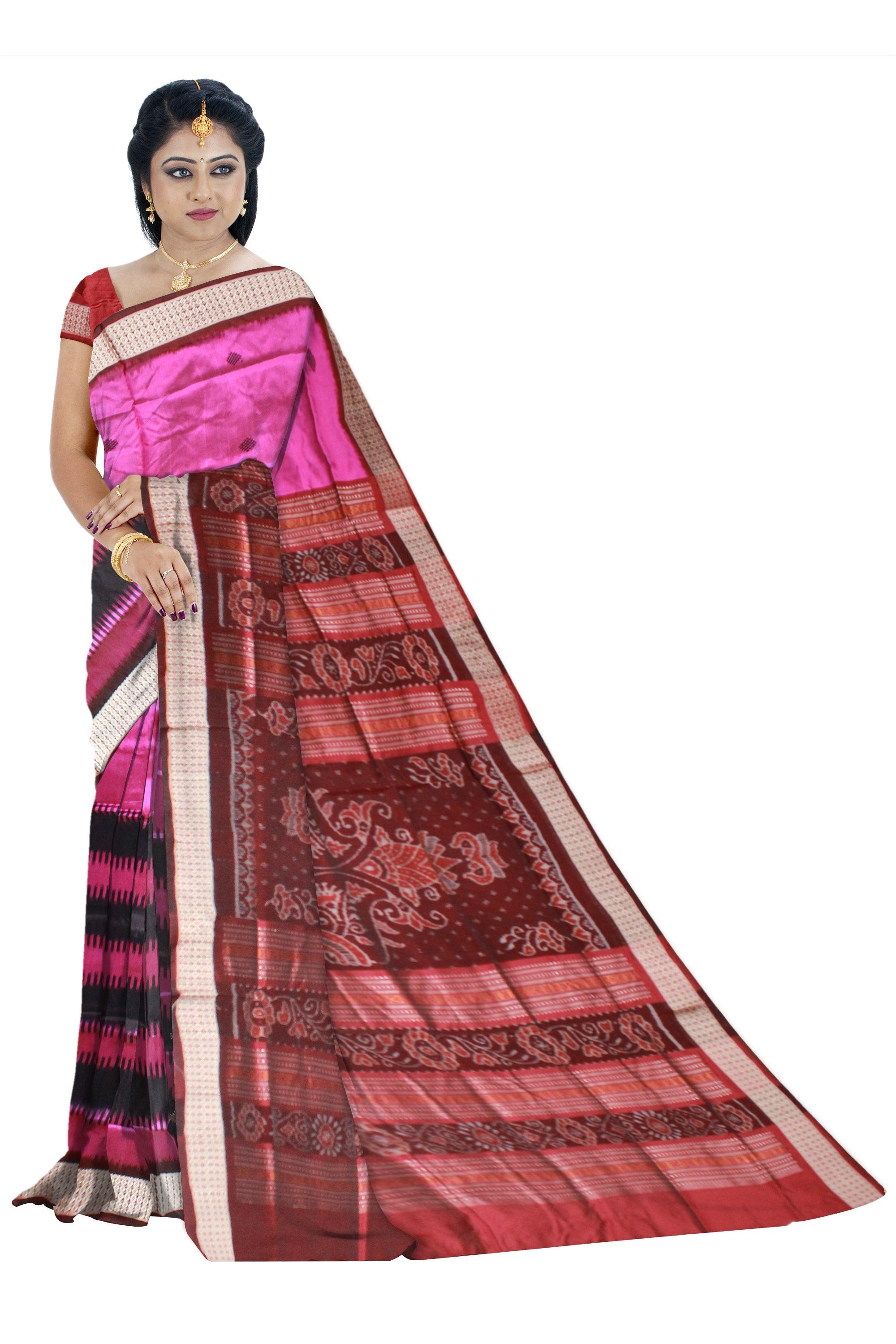 Pink Sambalpuri pata saree with black lining and Blouse piece available. - Koshali Arts & Crafts Enterprise