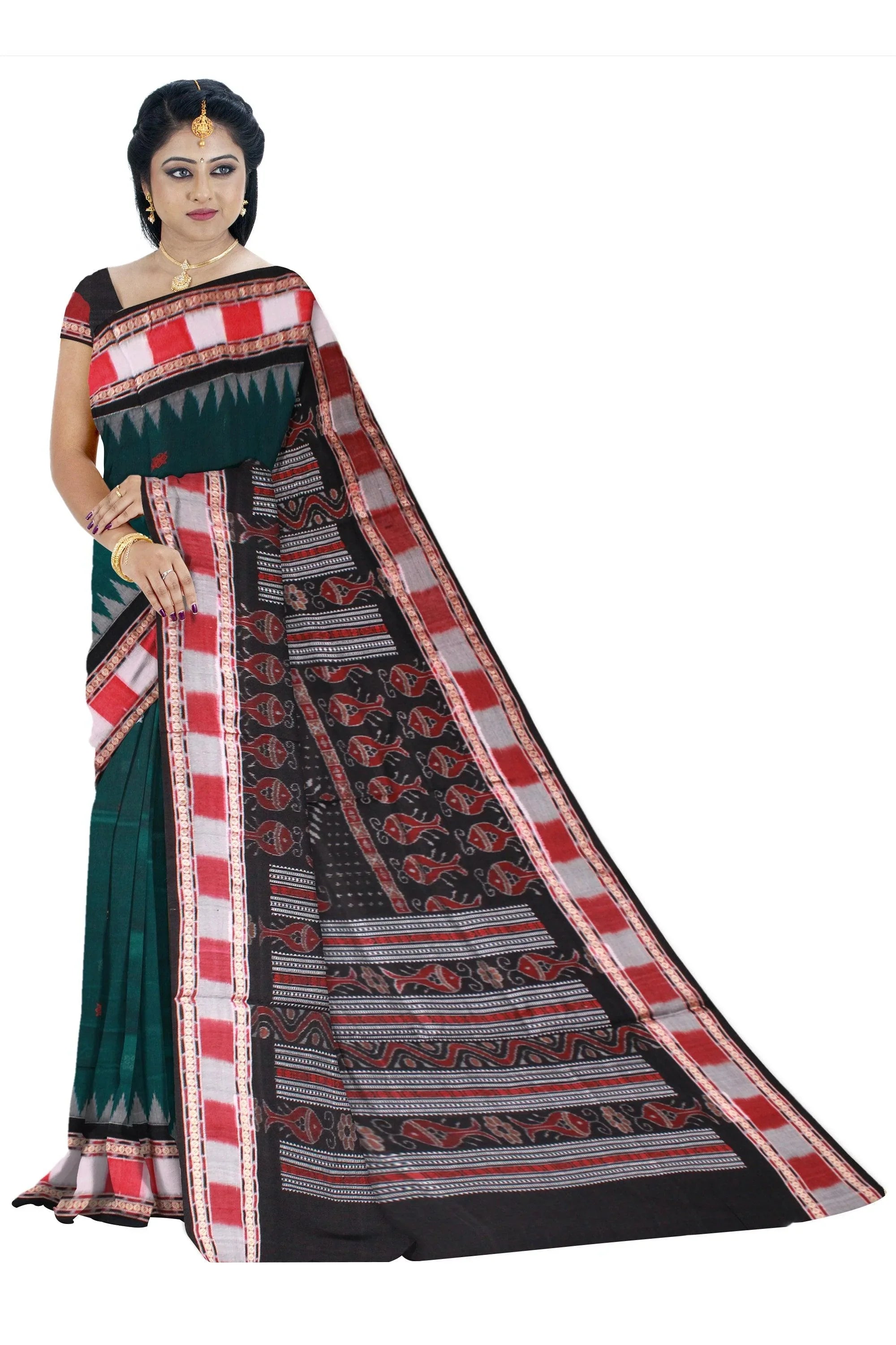 Green and white color booty pattern Sambalpuri cotton saree with blouse piece. - Koshali Arts & Crafts Enterprise