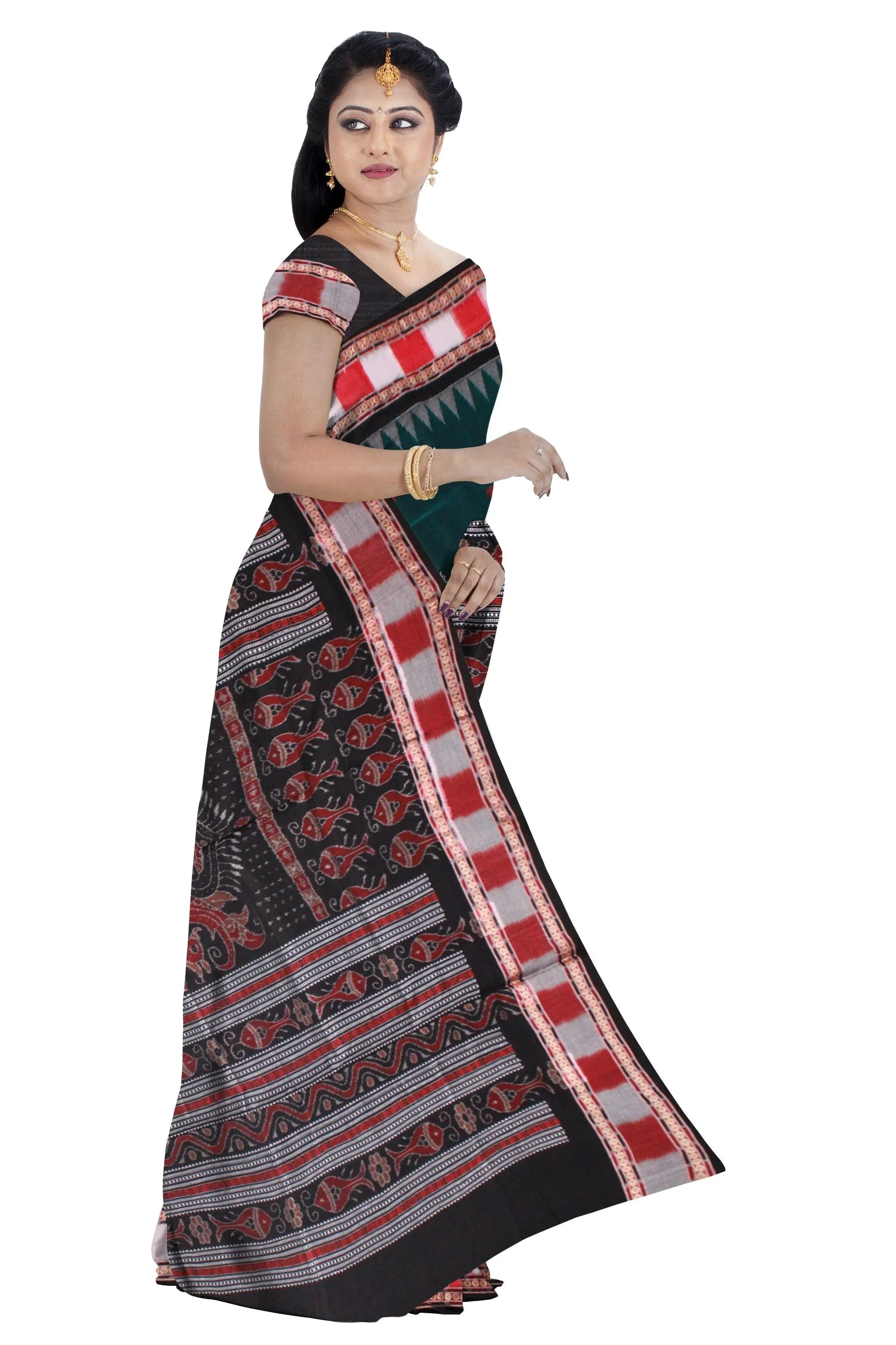 Green and white color booty pattern Sambalpuri cotton saree with blouse piece. - Koshali Arts & Crafts Enterprise