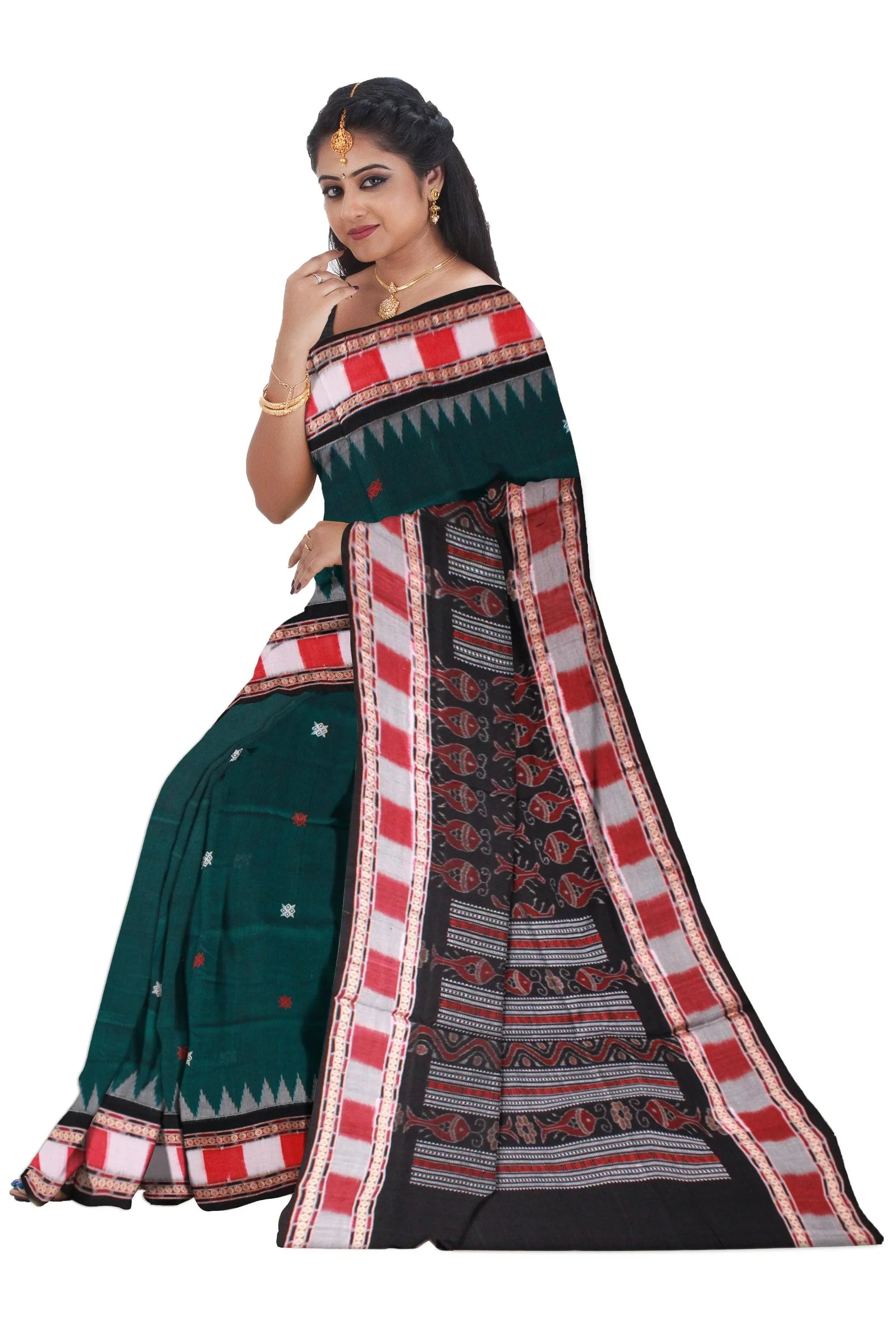 Green and white color booty pattern Sambalpuri cotton saree with blouse piece. - Koshali Arts & Crafts Enterprise