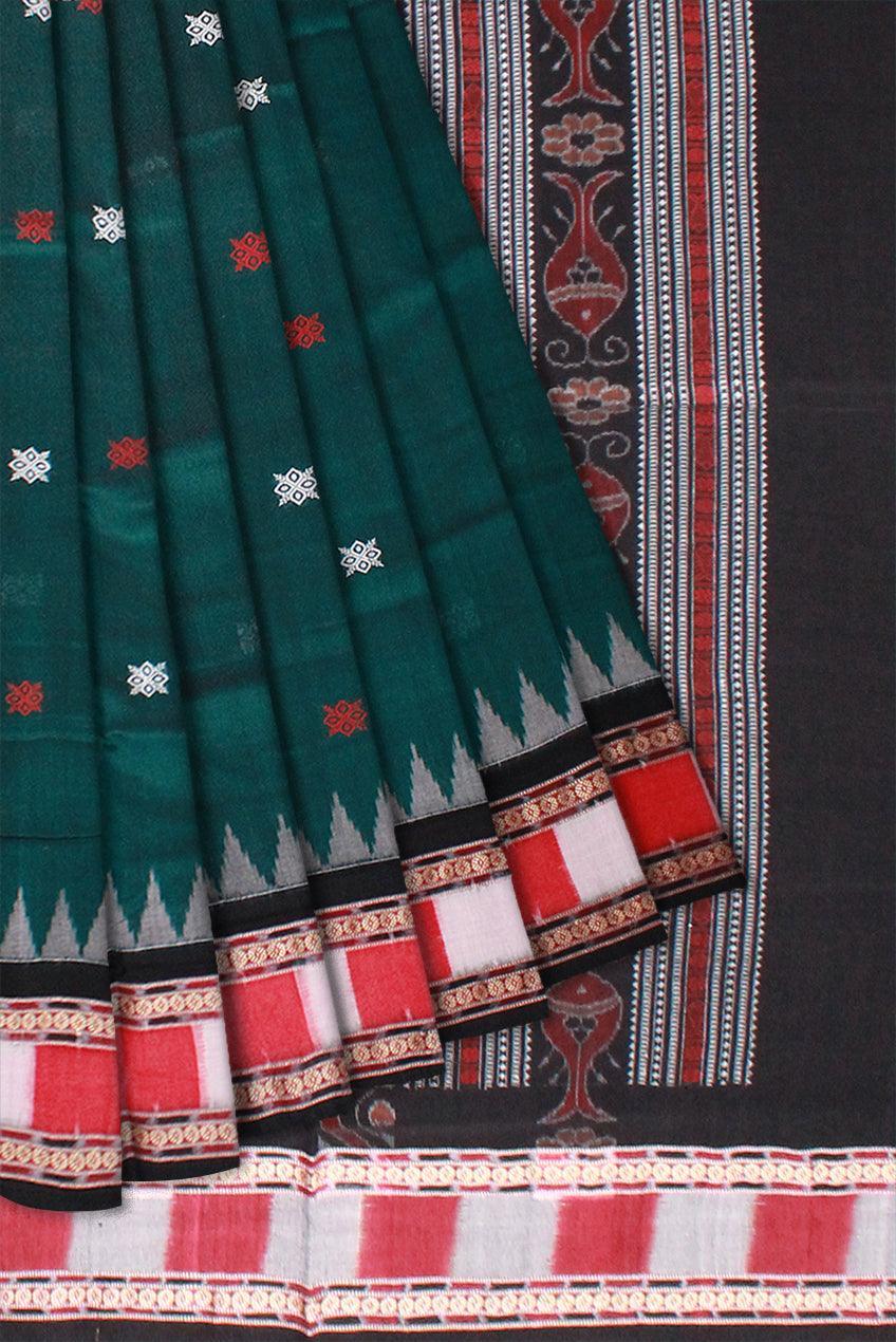 Green and white color booty pattern Sambalpuri cotton saree with blouse piece. - Koshali Arts & Crafts Enterprise
