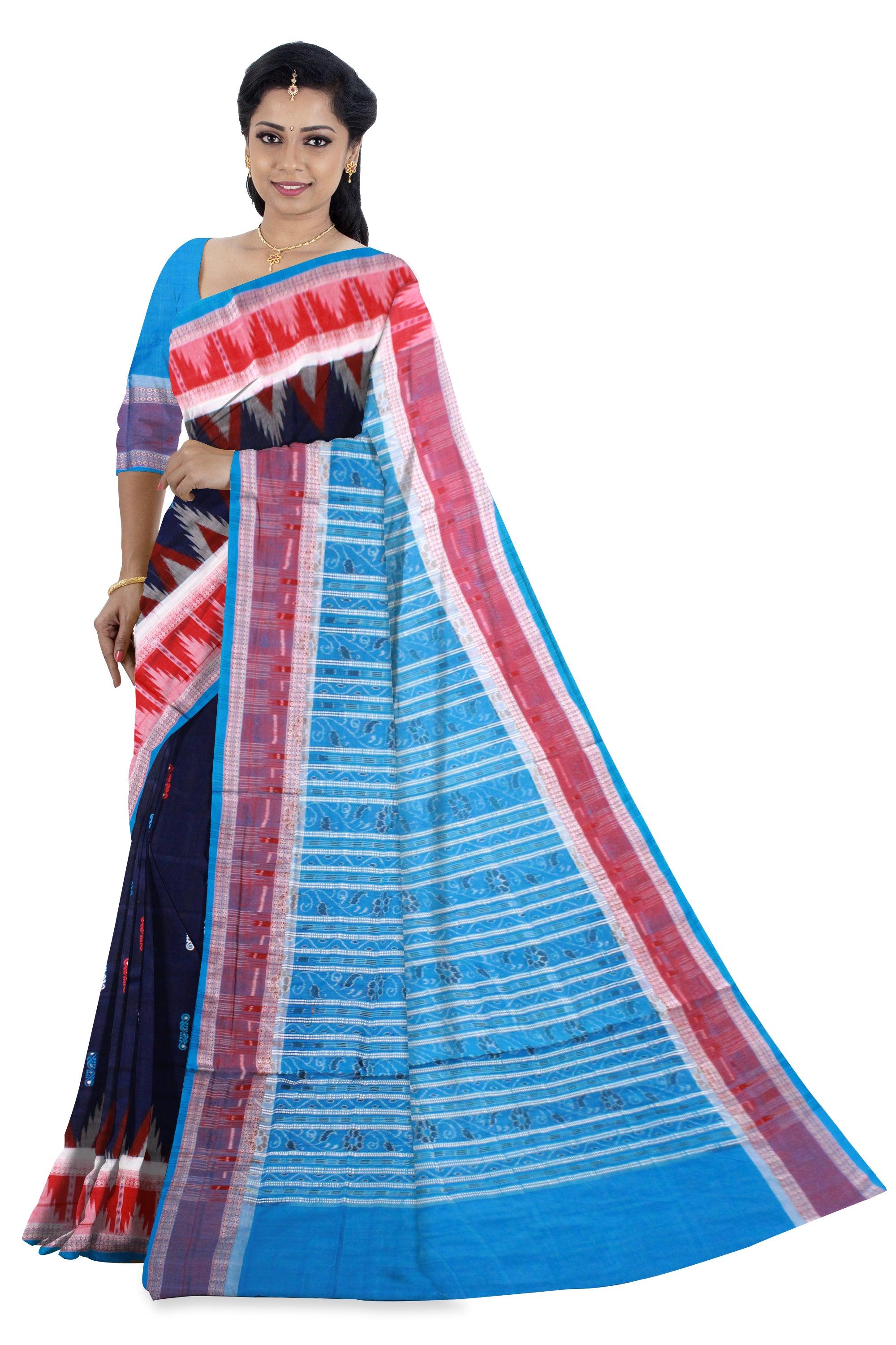 Blue color fera design Sambalpuri cotton saree with blouse piece. - Koshali Arts & Crafts Enterprise