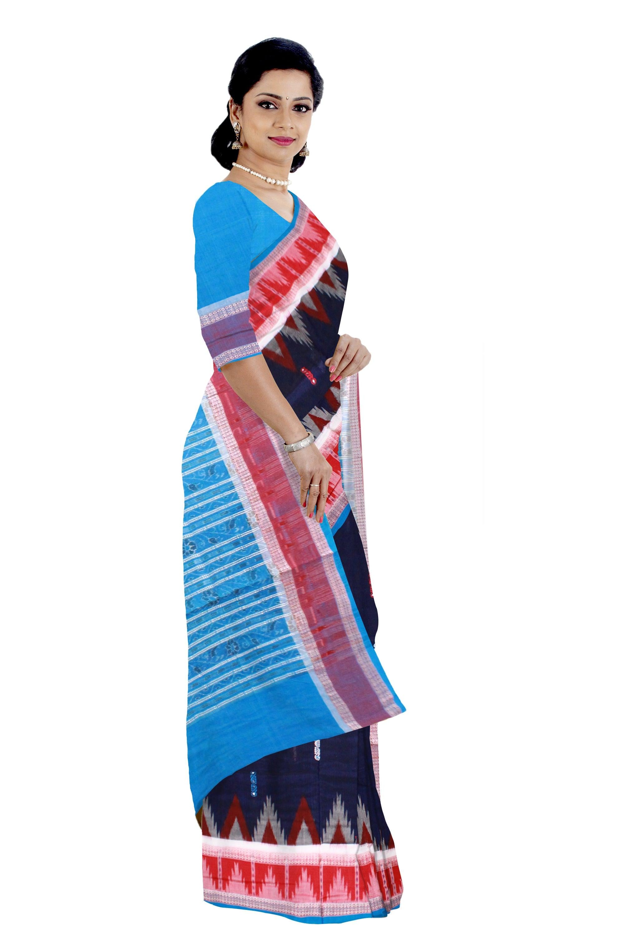 Blue color fera design Sambalpuri cotton saree with blouse piece. - Koshali Arts & Crafts Enterprise