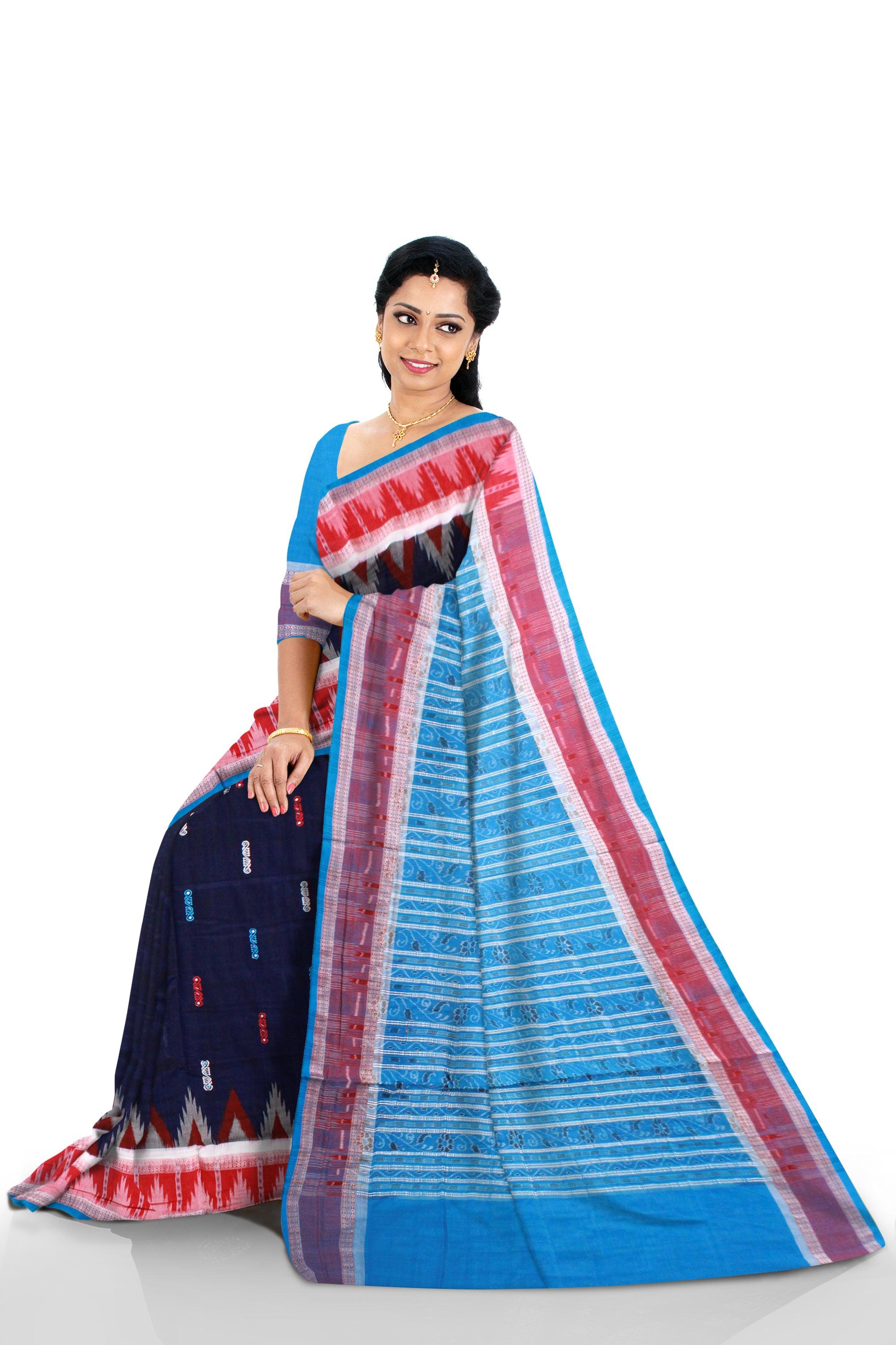 Blue color fera design Sambalpuri cotton saree with blouse piece. - Koshali Arts & Crafts Enterprise