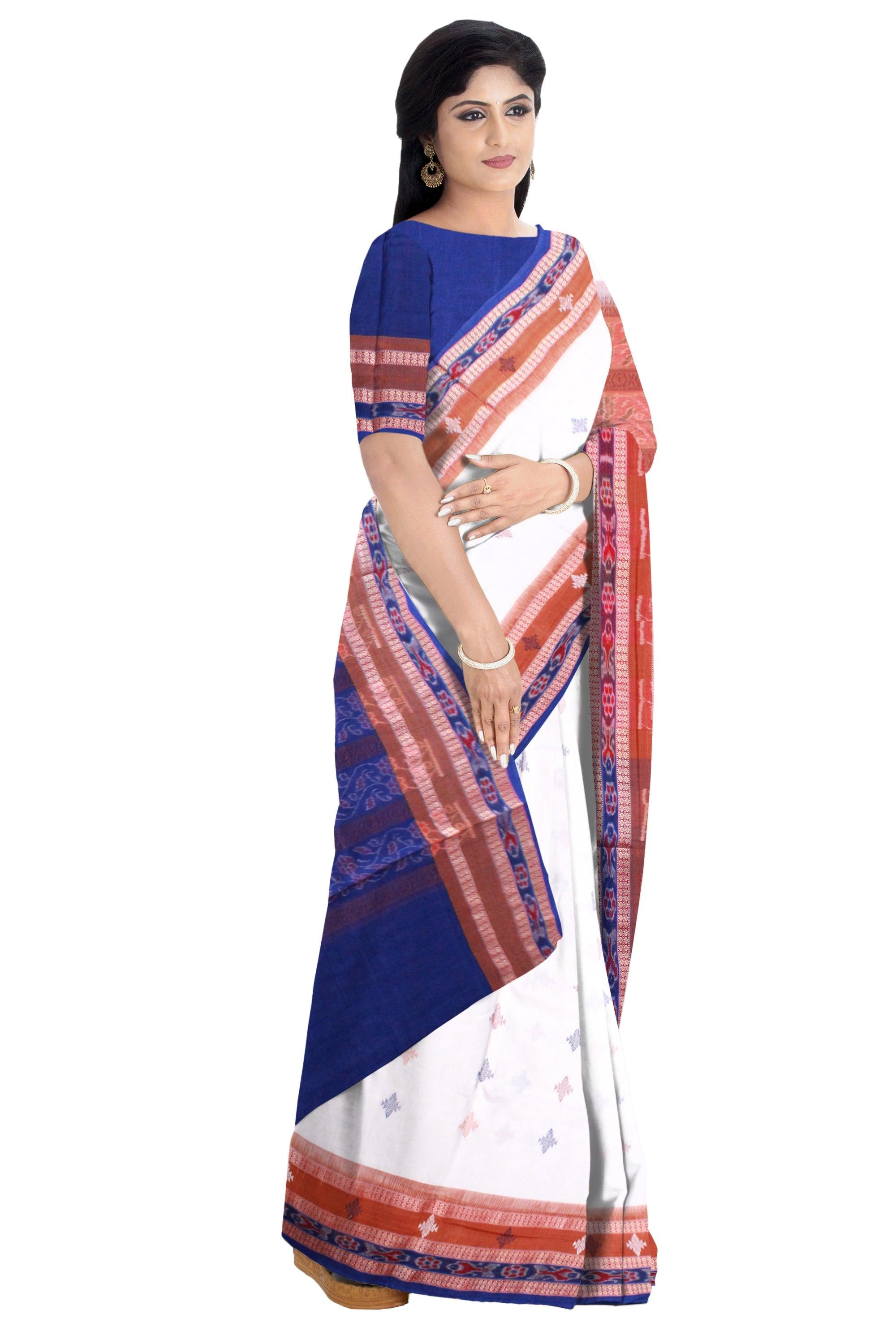 White color sambalpuri cotton saree with blouse piece. - Koshali Arts & Crafts Enterprise