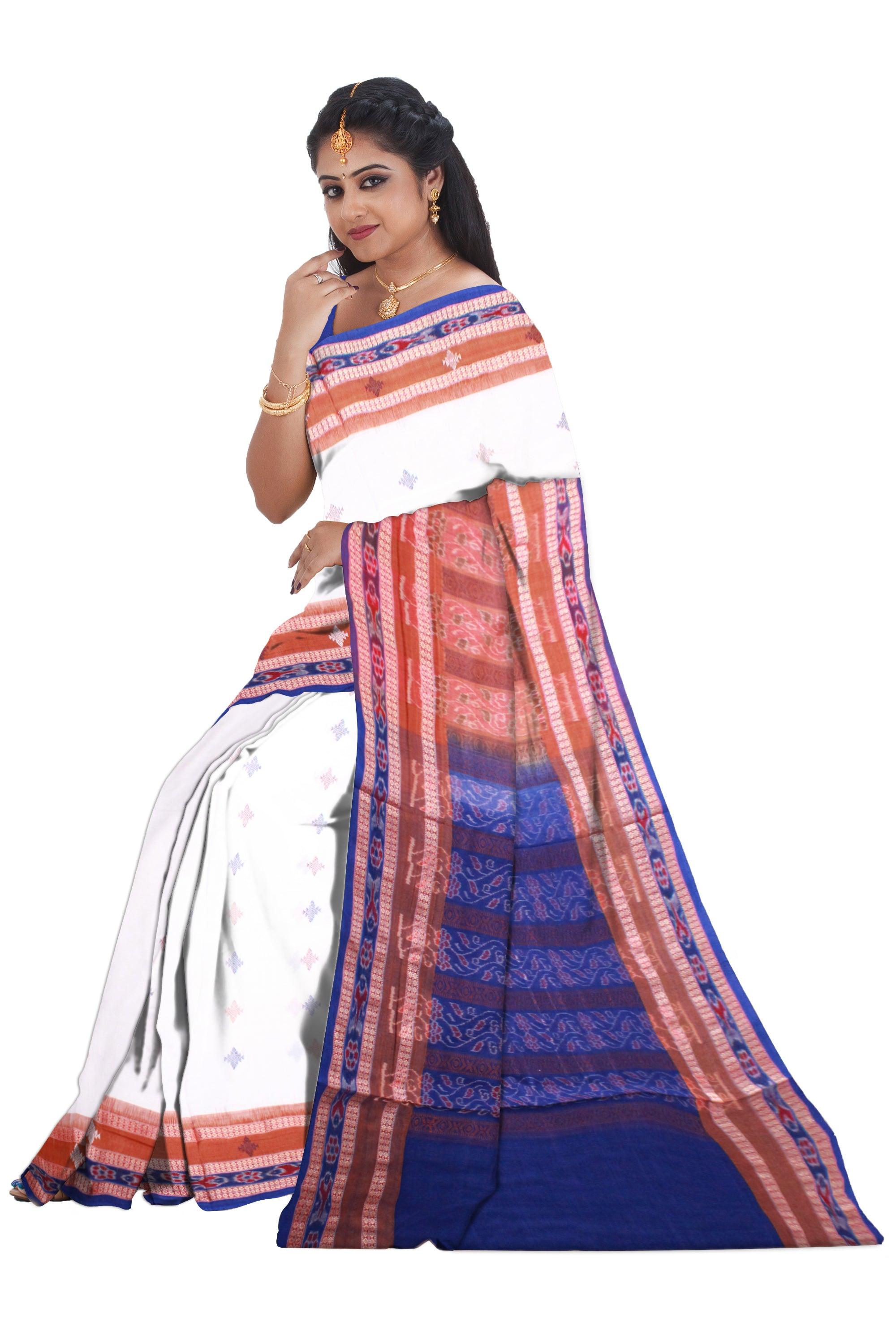 White color sambalpuri cotton saree with blouse piece. - Koshali Arts & Crafts Enterprise