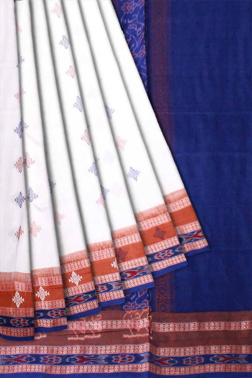 White color sambalpuri cotton saree with blouse piece. - Koshali Arts & Crafts Enterprise